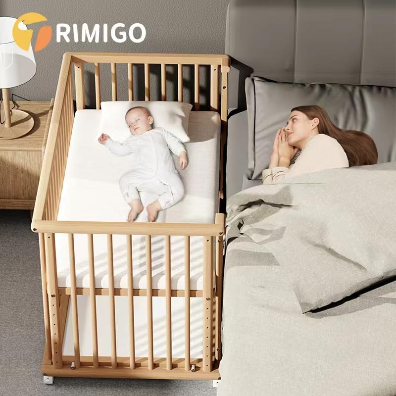 Trimigo 6-in-1 Babybett 118x70 cm mit Matratze und unbehandelt Buchenholz, wandelbar zu Sofa, Schreibtisch, höhenverstellbares, mit Rollen und Bremsen, mit Stauraum