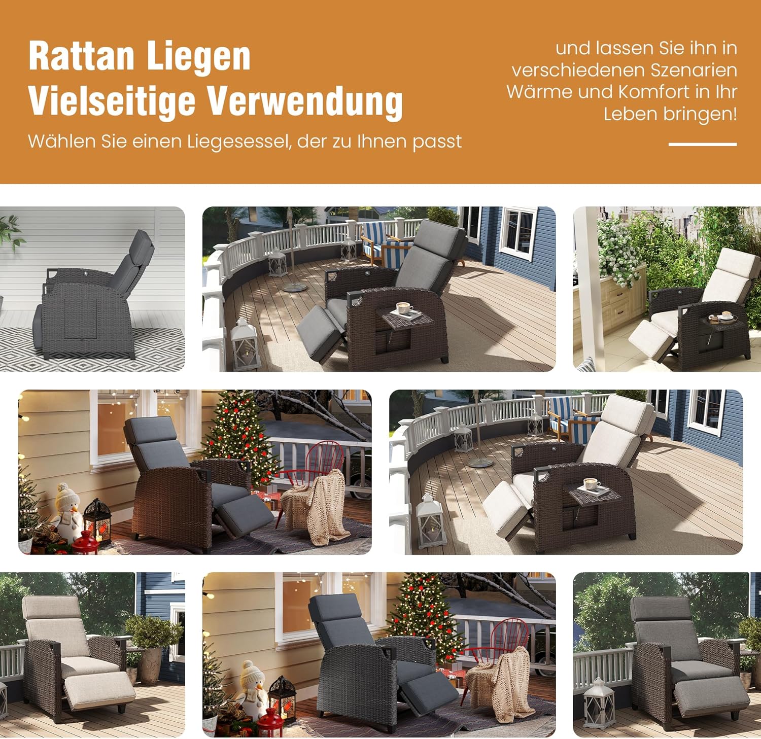 Amopatio Relaxliege Liegesessel, Rattan Sonnenliege mit Verstellbar Rückenlehne und Klapptisch, Outdoor Gartensessel wetterfestes, für Terrasse, Garten, Balkon – Beige & Braun