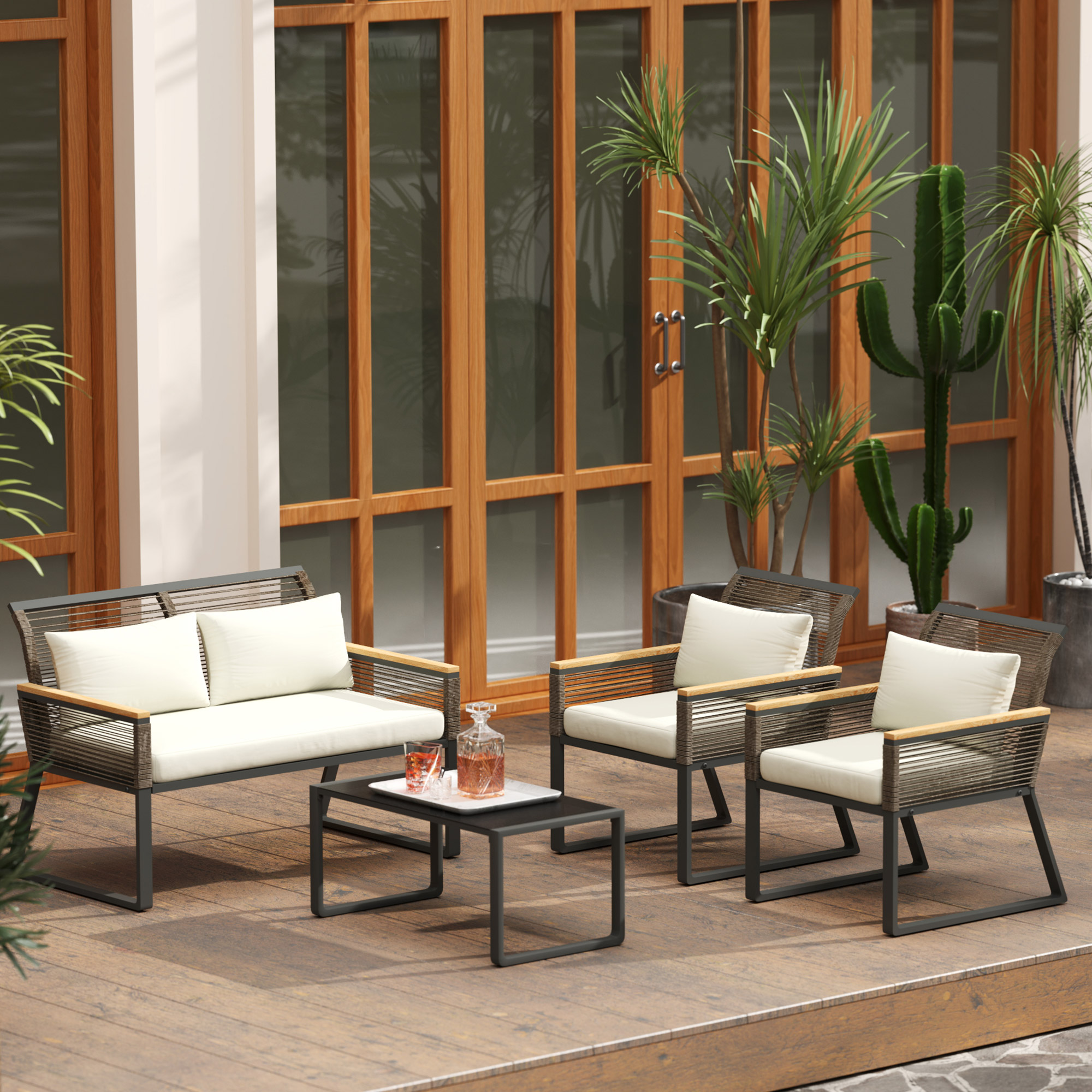 Polyrattan Tuinmeubelset voor 4 Personen, Weerbestendig Balkonmeubelset met 2-Zits Sofa, 2 Stoelen, Glastafel en Zitkussens, Beige