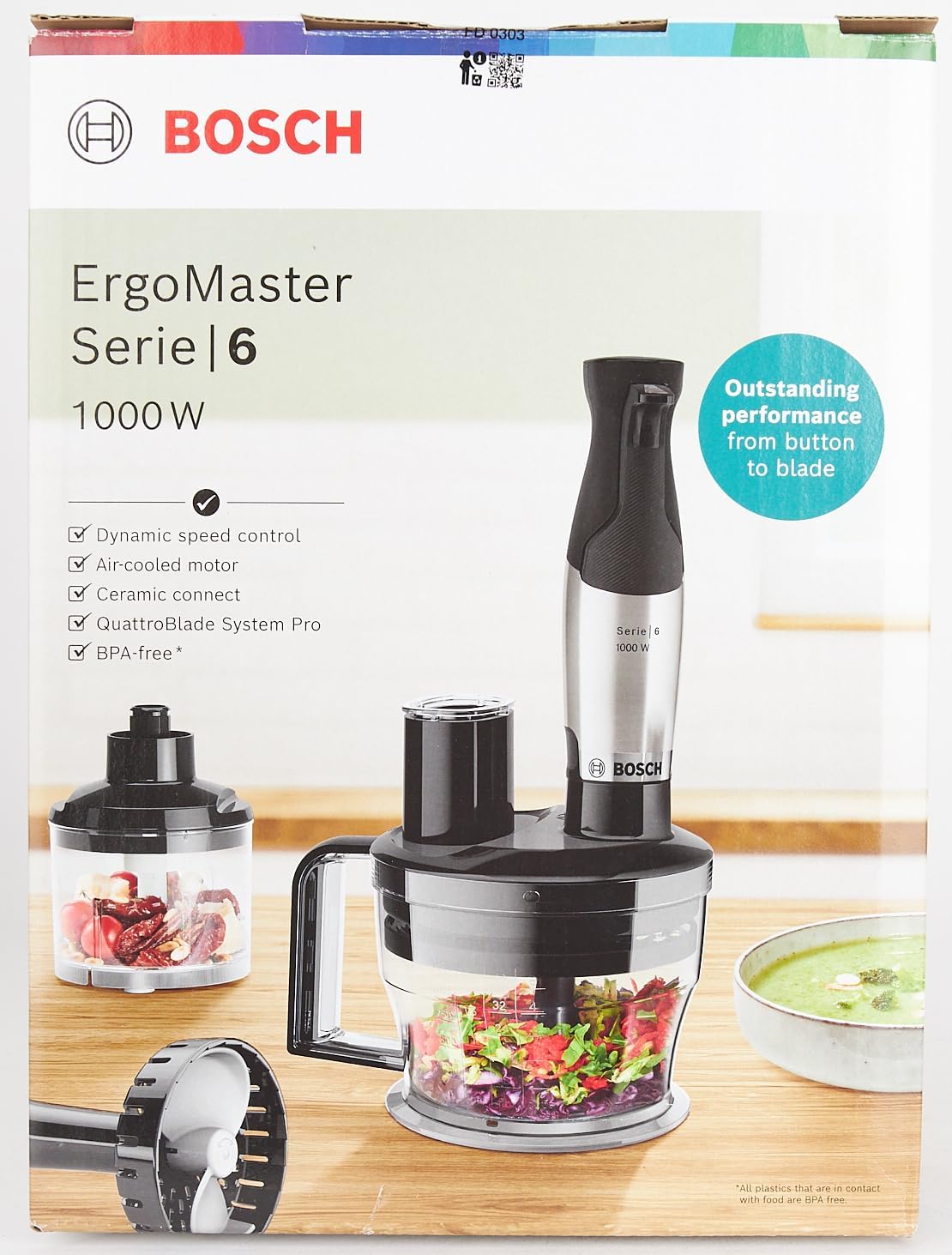 Bosch Stabmixer ErgoMaster Serie 6 MSM6M673, 10 Jahre Motorgarantie, Edelstahl-Klingen, verschleifreie Keramik-Kupplung, Luftkühlung, Zerkleinerer, Kartoffelstampfer, Schneebesen, 1000 W