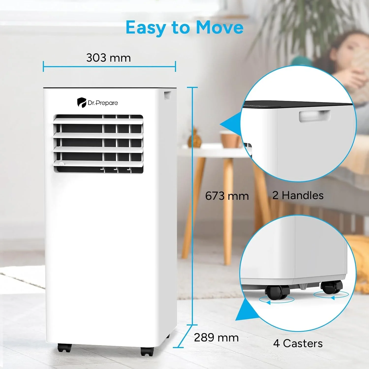 DR.PREPARE Mobiles Klimager?t 9000 BTU mit APP, 4 in 1 Mobile Klimaanlage mit Abluftschlauch, K��hlen&Ventilieren&Entfeuchten, Ventilator & Schlafmodus mit Fernbedienung, K��hlt bis zu 30m2, 1-24H Timer