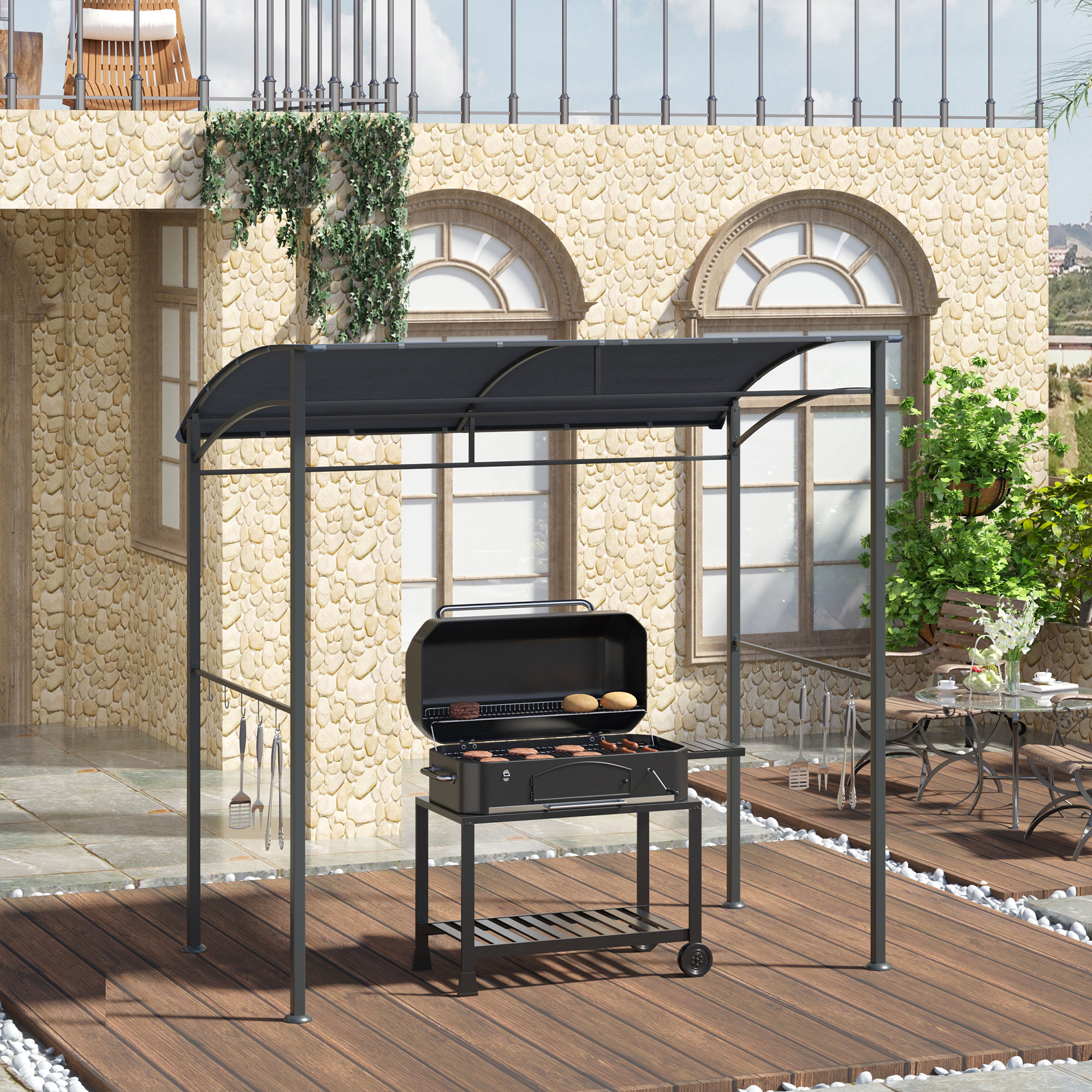 Grillpaviljoen, Grillafdak, Regenbescherming, Haken voor Keukengerei, Stalen frame, grijs, 215 x 150 x 174/220 cm