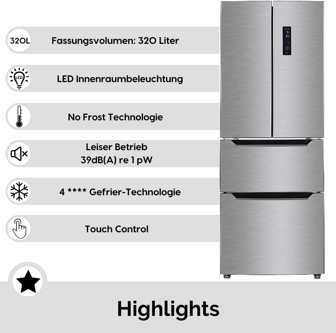 WOLKENSTEIN FD351.4A++NF IX Stand French Door Kühl-Gefrierkombination | NoFrost | Touch Control | 4**** Gefrierfach | Inox Design | Kühlteil 191L | Gefrierteil 129L