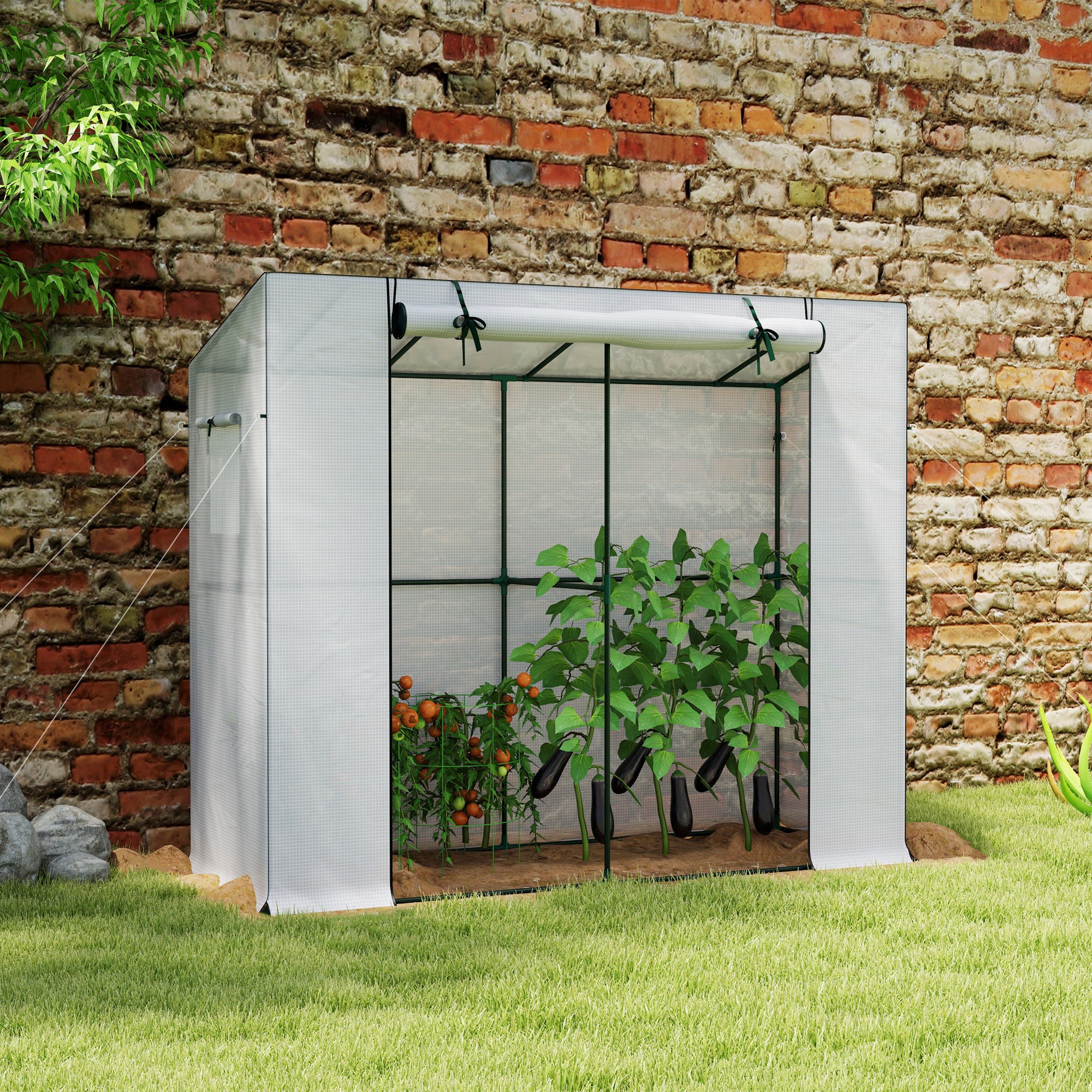 Outsunny Mini-kas, aanleunkas met roldeur en netramen, UV-bestendig, voor bloemen, zaailingen, planten, Wit