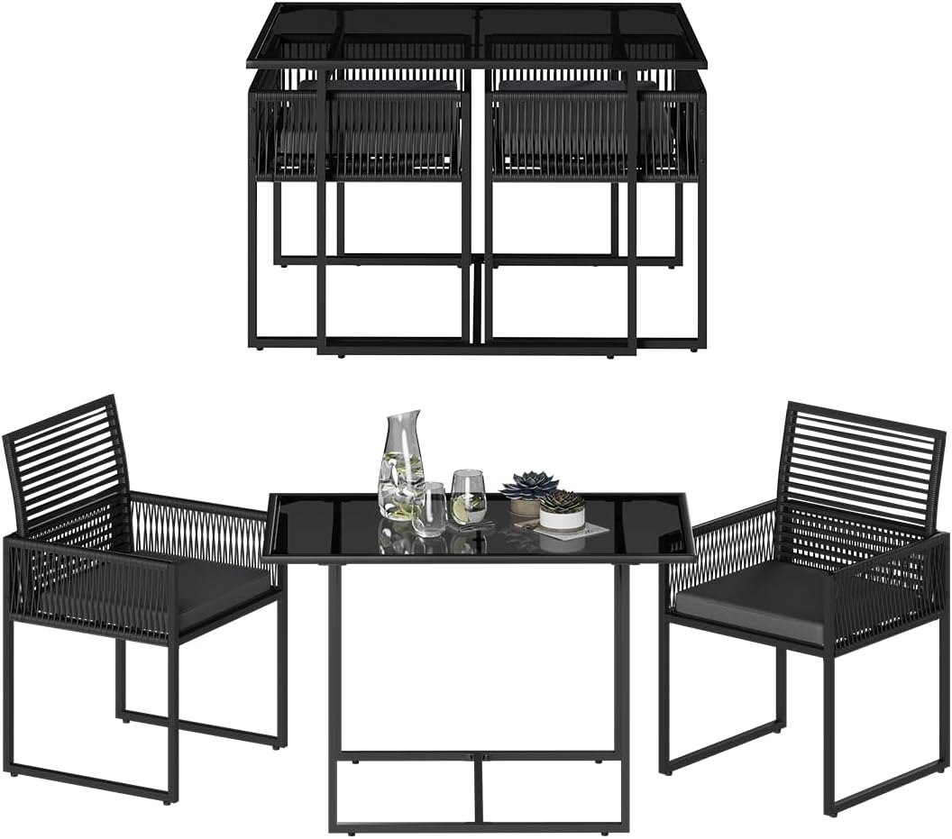 STEELSØN 3-TLG Garten-Essgruppe Kynaris, Esstisch mit 2 Stühlen, gartenmöbel Sitzgruppe Polyrattan mit Kissen, Gartenlounge, Balkomöbel Set, schwarz
