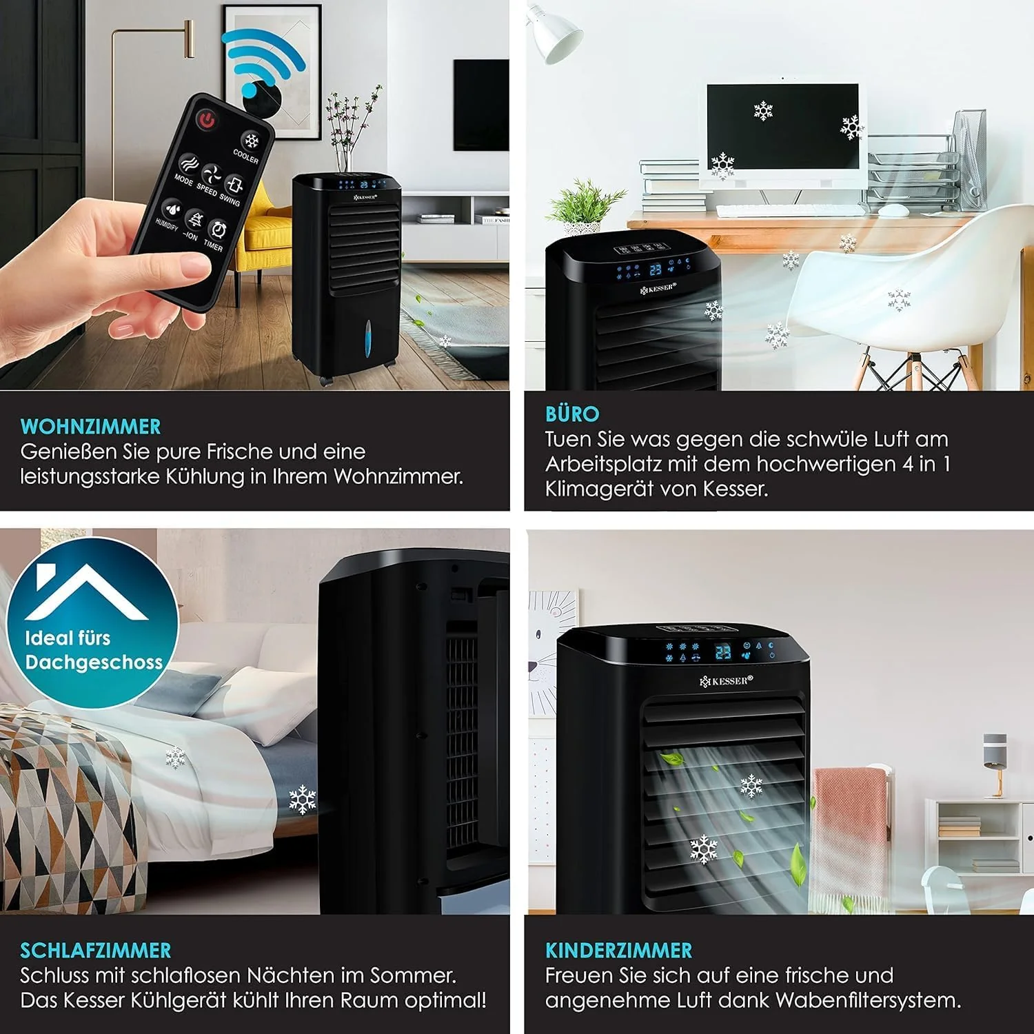 KESSER 4-in-1 Mobiele Airco | Afstandsbediening | Klimaatregelaar | Ventilator Airconditioning | Timer | 3 Niveaus | Ionisator Luchtbevochtiger | Luchtkoeler |