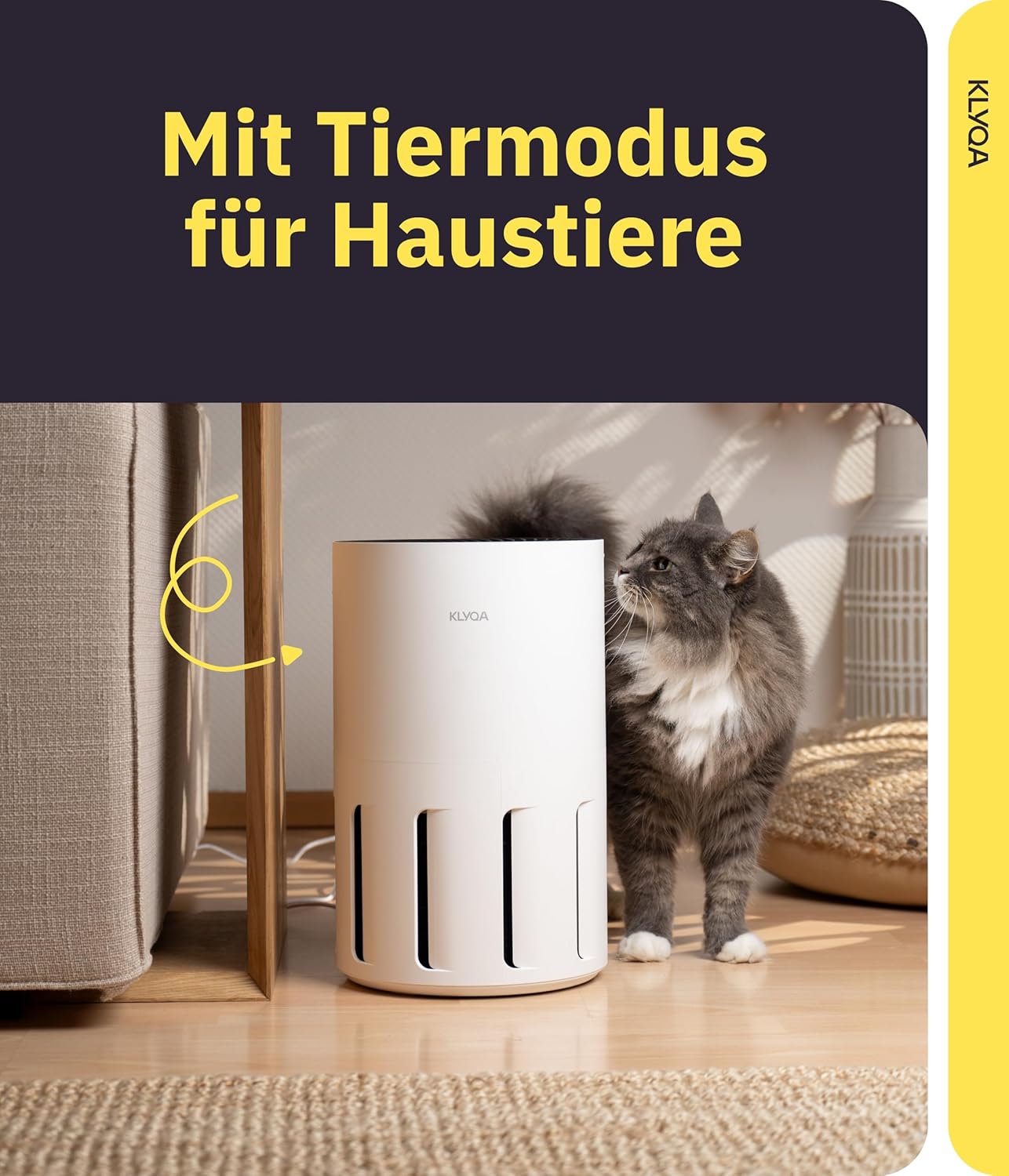 Klyqa Luftreiniger Allergiker 360° HEPA-Filter Pet entfernt 99,99% der Tierhaare, Staub & Pollen I 300 CADR I 21,5Db Geräuscharmer Luftfilter I Smart Air purifier gegen Tierhaar I Server in DE