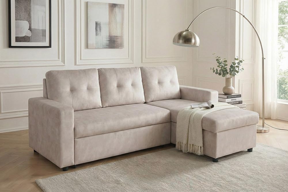 Riess Ambiente Ecksofa Apartment - 205cm - beige, 3-Sitzer mit Bettfunktion und Stauraum, beidseitig montierbar