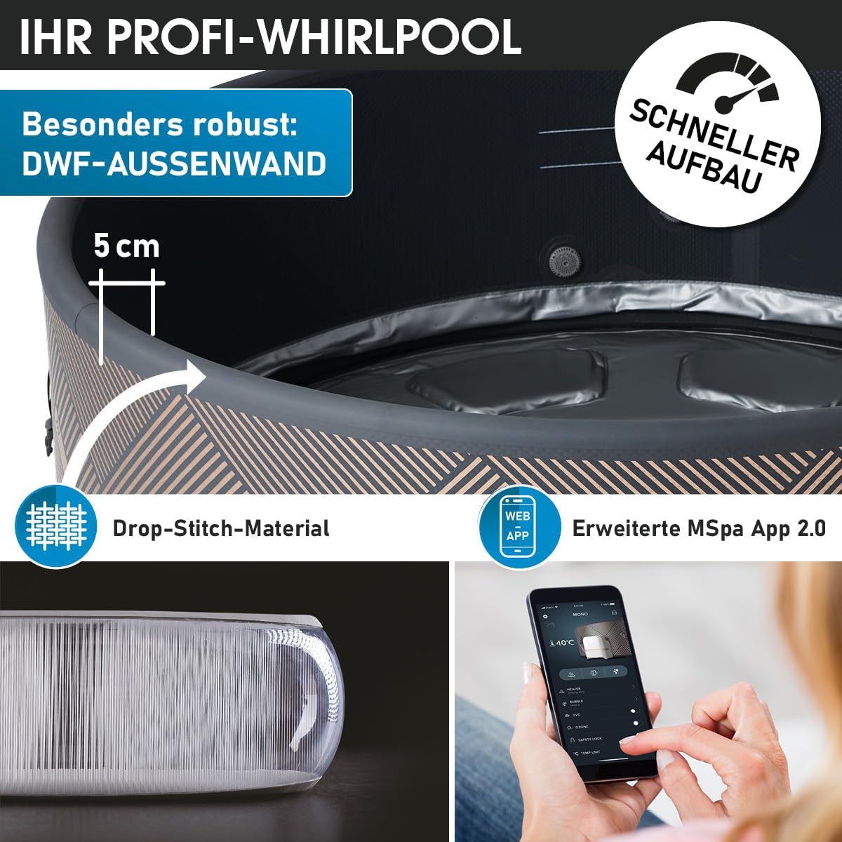 BRAST Whirlpool aufblasbar MSpa | 4-8 Personen | viele Modelle rund und eckig | Ø 125-224cm | In- Outdoor Pool | bis zu 144 Massagedüsen | inkl. Aufblasfunktion Abdeckung Timer Heizung | Mono 8