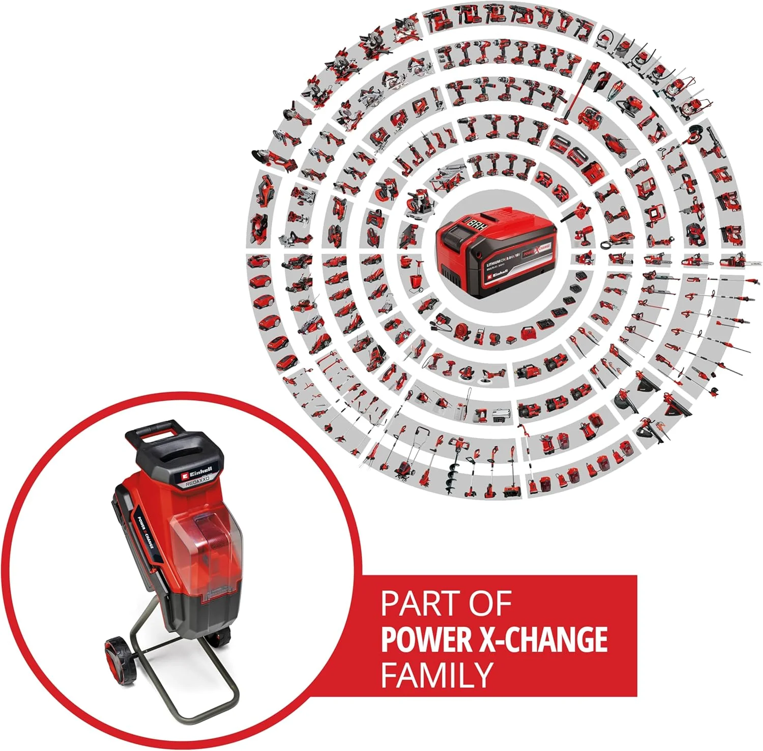 Einhell Akku-Messerhäcksler REDAXXO 36/25 Power X-Change (36 V, max. 25 mm Aststärke, 3 Wendemesser aus Stahl, 55 L Fangsack, Transportgriff, Stopfer)