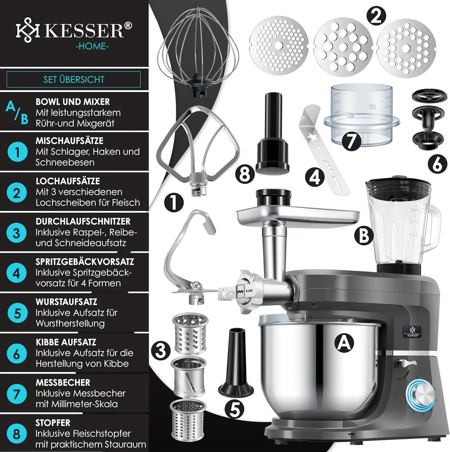 KESSER? 3 in 1 Universal K��chenmaschine K-KM 3000 mit Fleischwolf Knetmaschine Multifunktionale R��hrmaschine 5,5L Sch��ssel mit 3 R��hrwerkzeuge, 1,5L Entsafter, Zubeh?r-Set, Pasta & Geb?ckformen