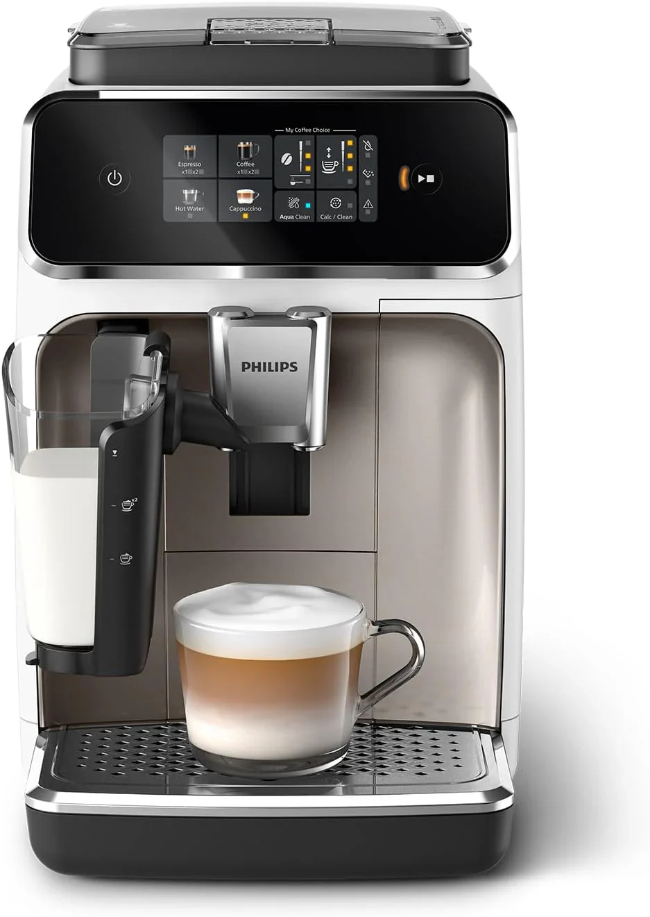 Philips 2300 Serie Vollautomatische Espressomaschine - 4 Getr?nke, modernes Farb-Touchscreen-Display, LatteGo-Milchsystem, SilentBrew, Keramikmahlwerk, AquaClean-Filter. Wei?es Chrom (EP2333/40)