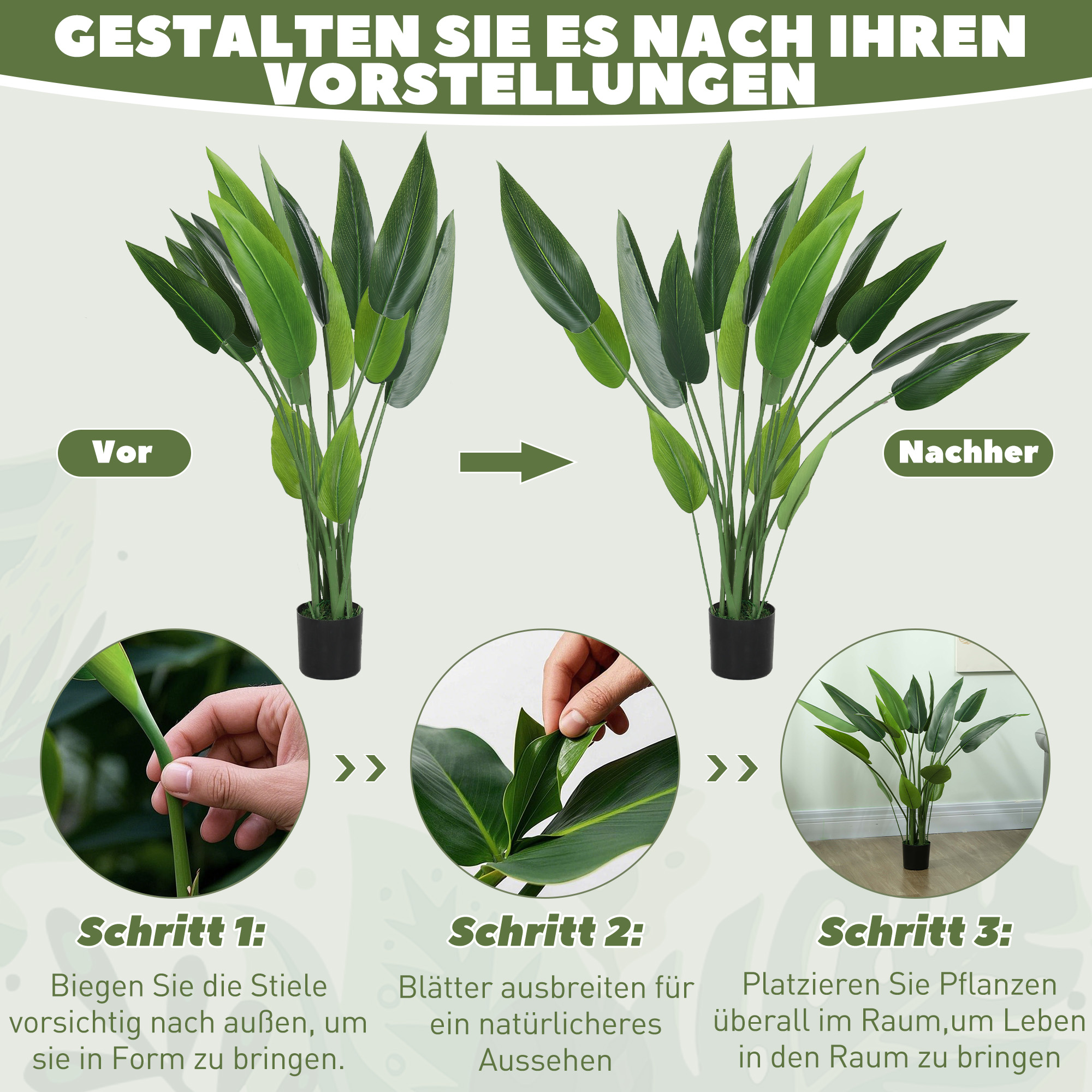 Kunstplant in Cementpot, 18 Bladeren, Plastic, Groen