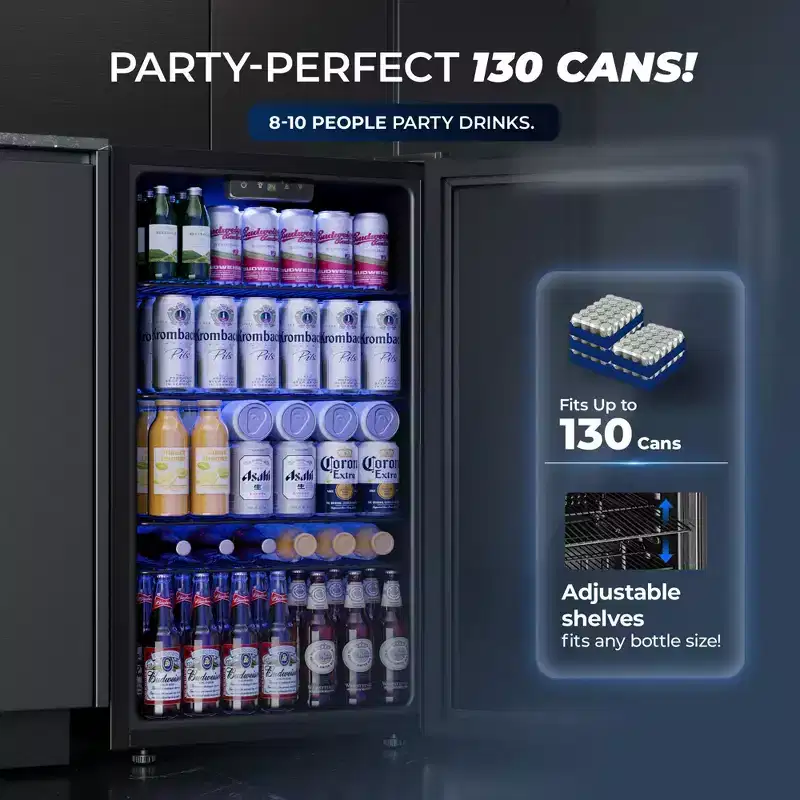 Réfrigérateur à boissons Simzlife 3,2 pi³, 130 canettes, porte en verre réversible et éclairage LED, température réglable, étagères amovibles, économe en énergie