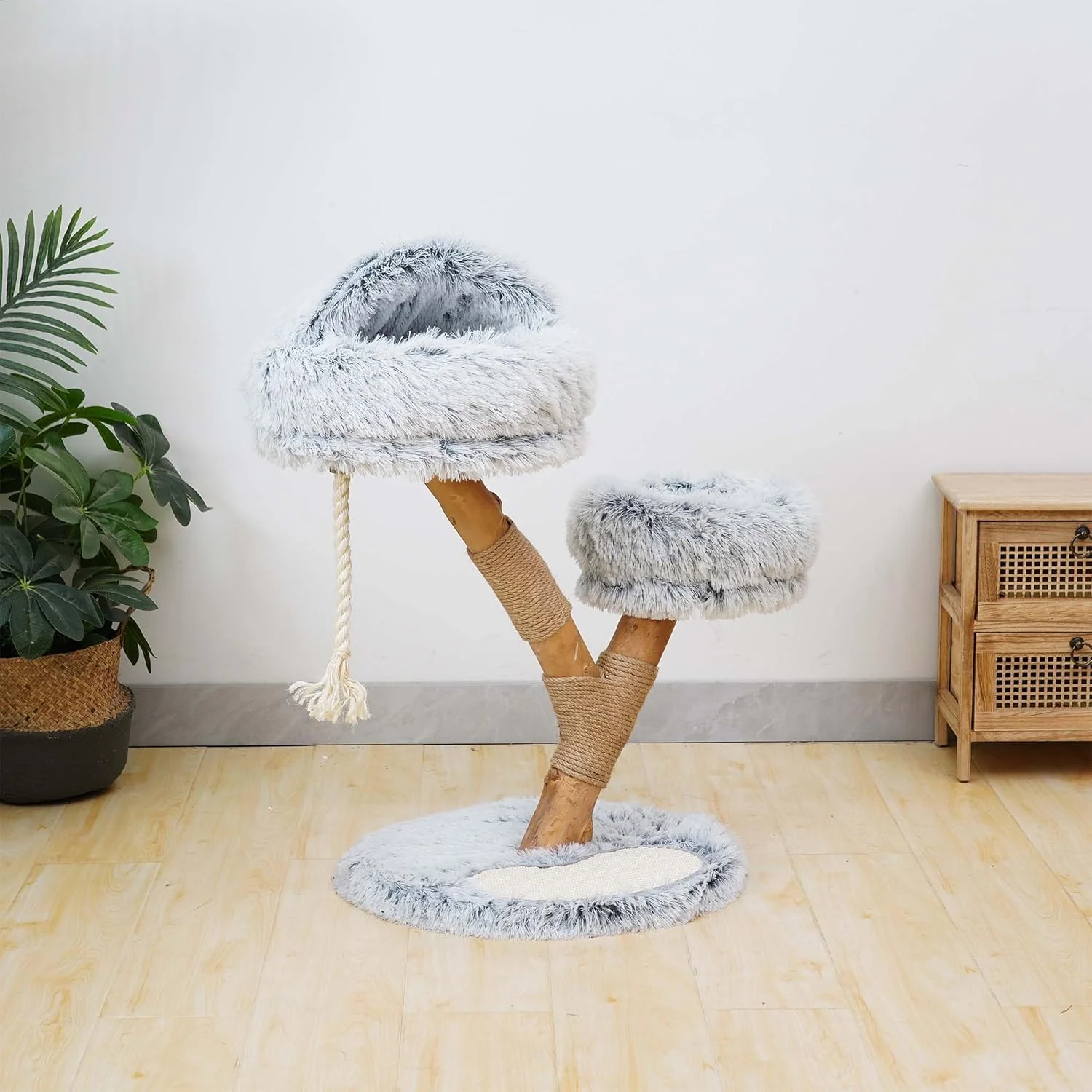 Fudajo Designer Krabpaal in Takontwerp 130 cm hoog, Kattenkrabpaal met Pluche en Sisal, Klimboom voor Katten, Kattenboom met Hanggemat