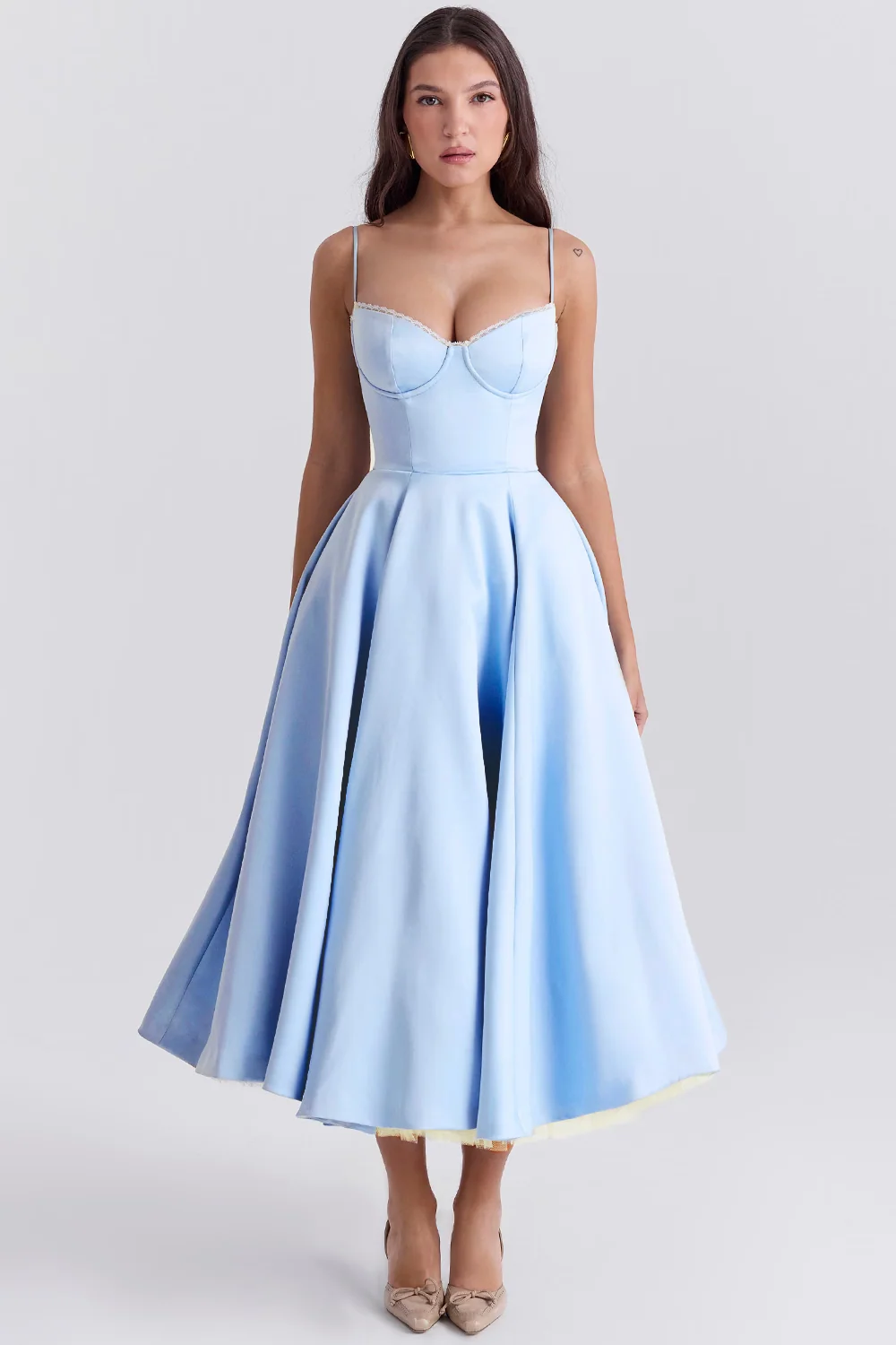 Damen Midi-Kleid mit Korsett-Oberteil und T��llrock | Festliches Kleid f��r Hochzeitsg?ste mit Herz-Ausschnitt und Taschen