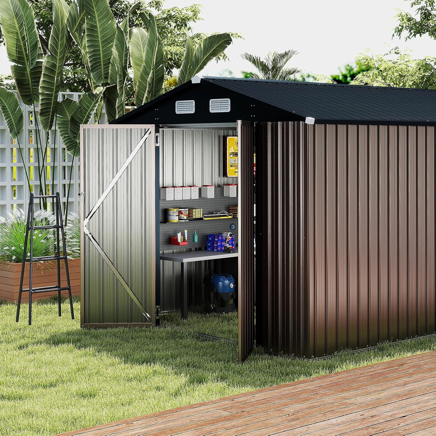HOMASIS Gerätehaus Metall, Geräteschuppen mit 2 Tür & 4 Lüftungsfenster & Satteldach, Gartenhaus abschließbar, Gartenschuppen mit 2 Paar Handschuhe, Gartenhütte Outdoor Wetterfest (362x236x197cm)