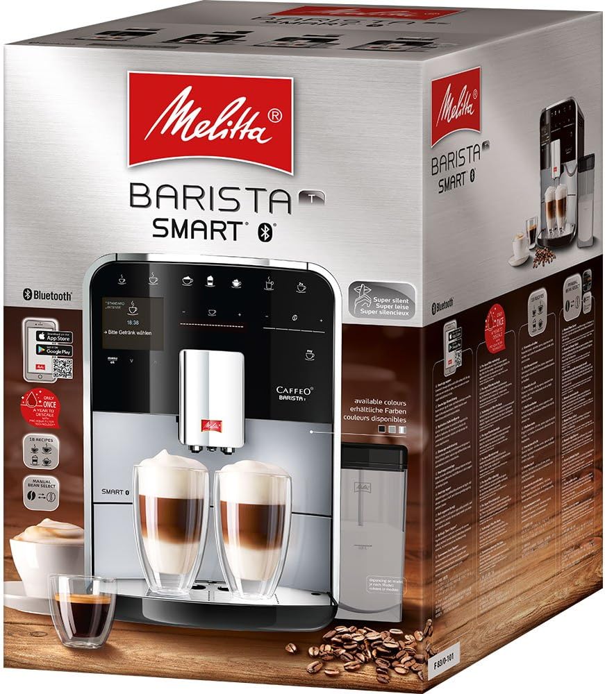 Melitta Barista T Smart - Kaffeevollautomat mit Milchsystem, Kaffeemaschine mit Mahlwerk, für z. B. Cappuccino oder Espresso, App Steuerung möglich, schwarz/silber