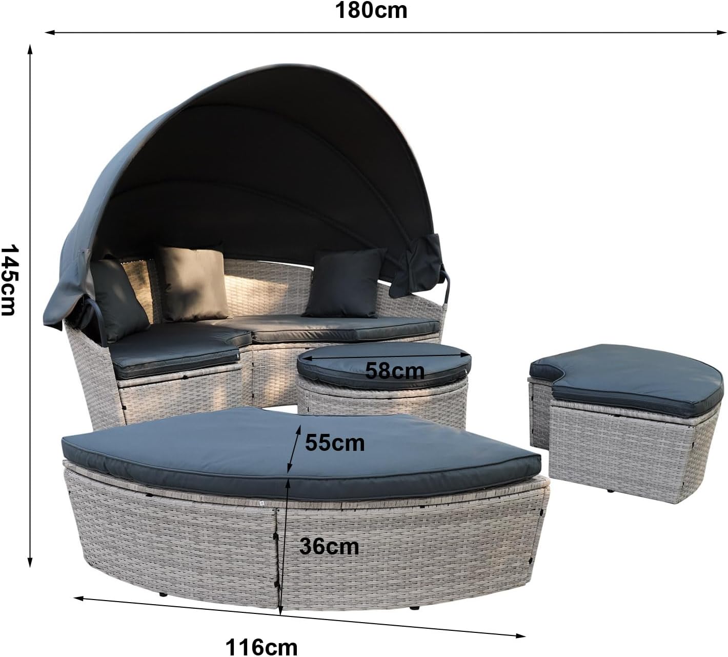 Poly Rattan Sonneninsel XL mit faltbarem Sonnendach Ø 180/210 cm inkl. Auflagen Kissen, Lounge Sonnenliege Gartenmuschel (Hellgrau, Dia 180)