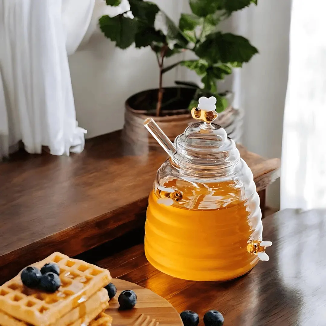 Elegantes Honigglas mit Bienen-Dekor und Honiglöffel