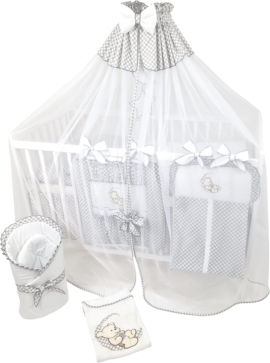 Bello24 - 16 Teiliges Babybett Kinderbett und Bettwäsche komplett Set Happy Leo inkl. Matratze höhenverstellbar für Neugeborene Babys und Kleinkinder aus Massivholz (Grau - Teddybär Mond)