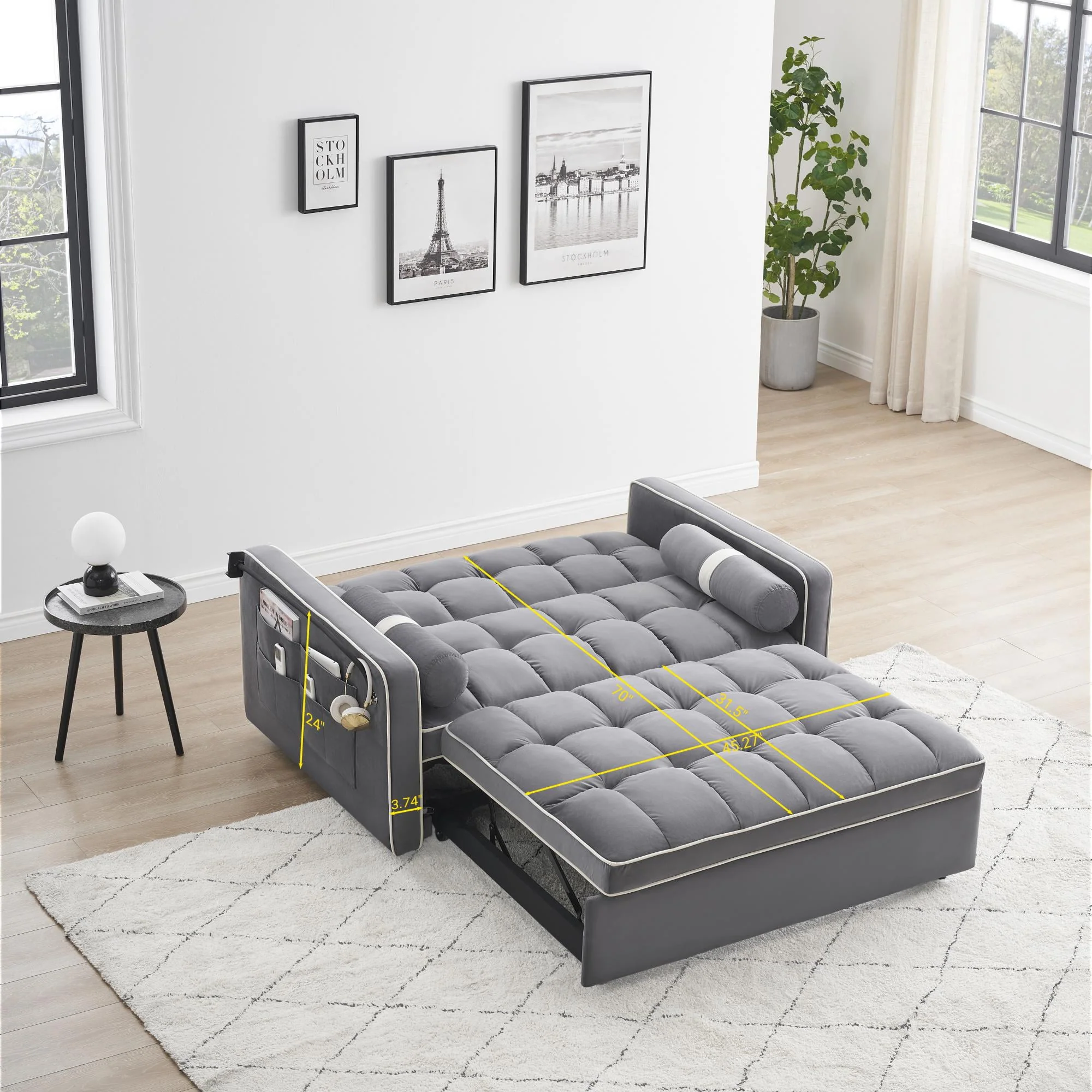 3 in 1 Sleeper Sofa Couch Bed,Small Tufted Velvet Convertible Loveseat Futon Sofa w/Pullout Bed,Adjustable Backrest,Cylinder Pillows,Multi-Pockets,Phone Holder for Living Room Apartment,Grey,55.5"