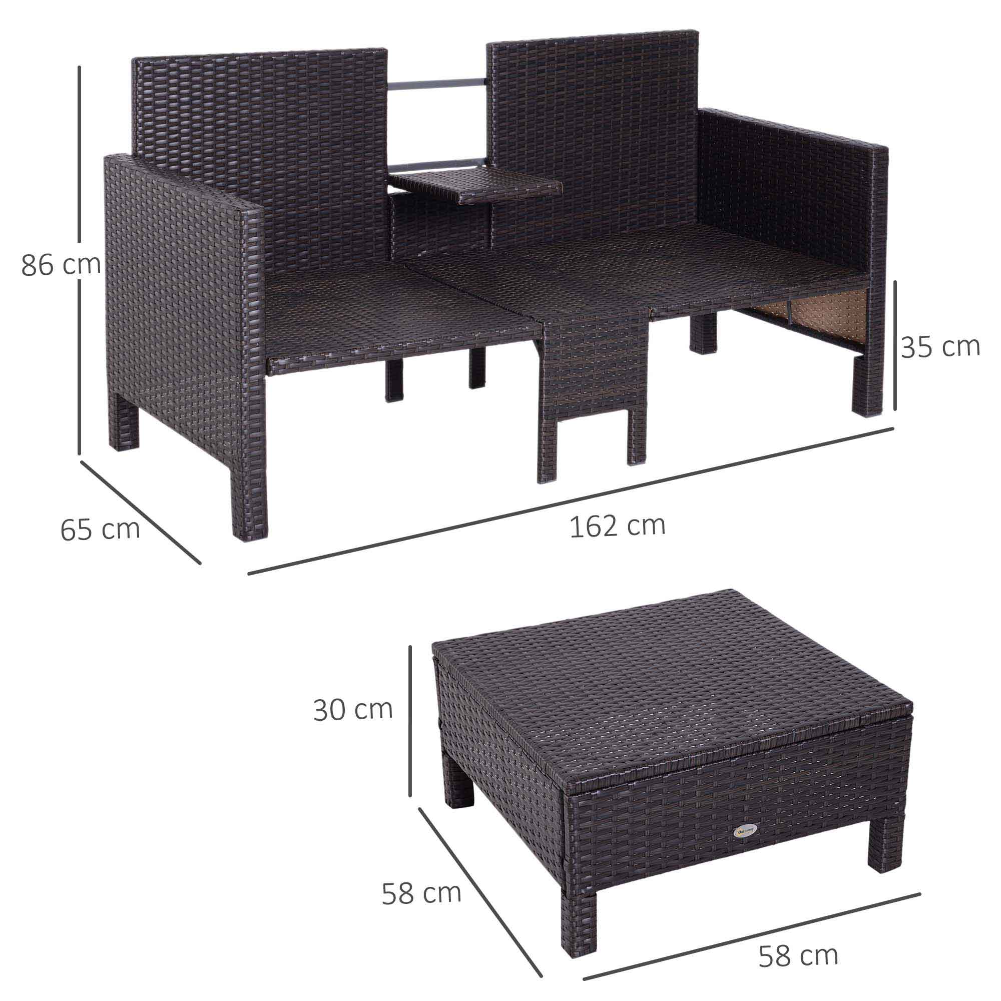 3-delige Tuinbank tuinmeubelen lounge tuinset zitgroep rotan meubel bruin poly-rotan + metaal 2-zits bank 2 x kruk kussens | Aosom.de