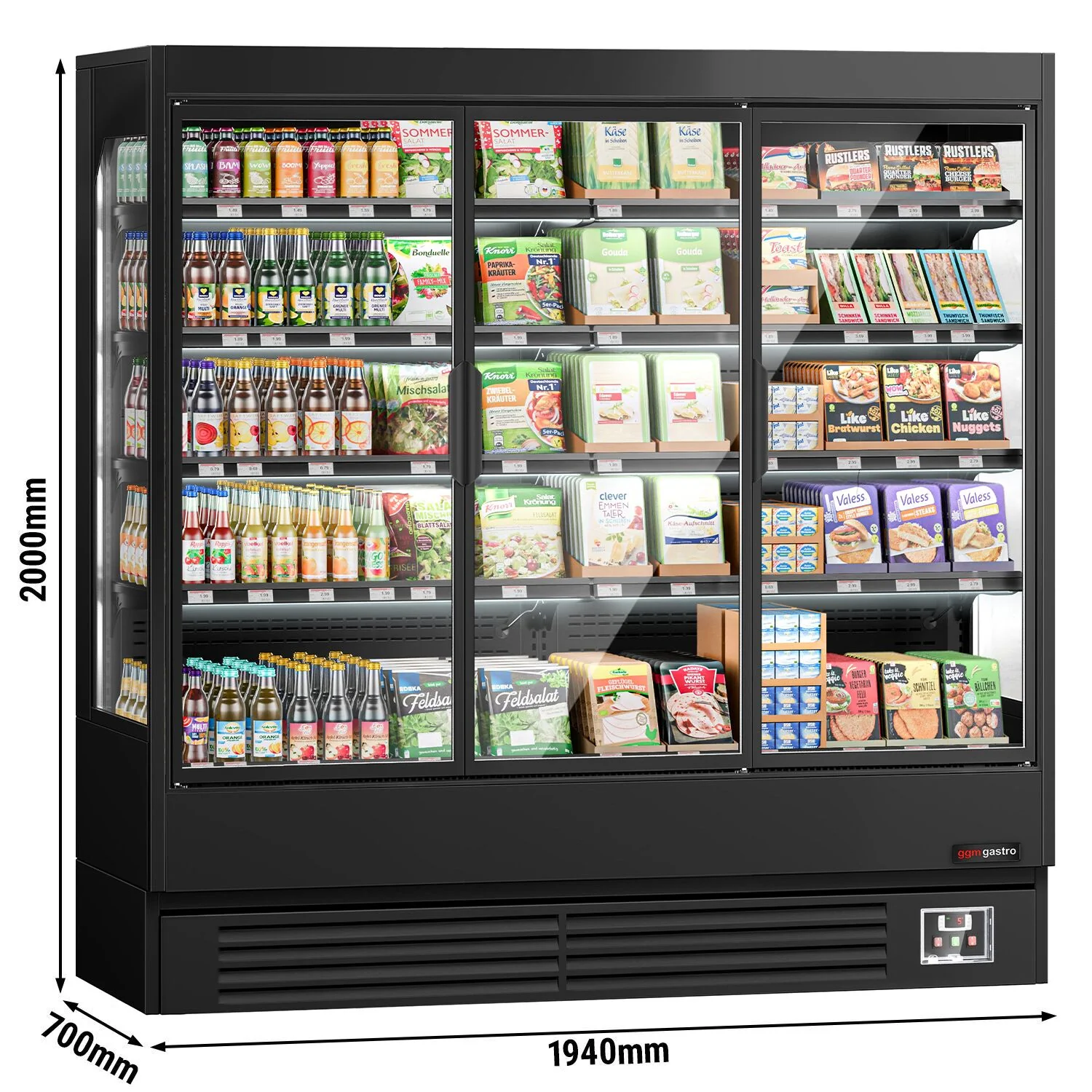 Kjølereol - 1940 mm - 893 l - -1 °C til +5 °C - med 3 hengslede glassdører, med dobbelt isolerglass & 4 hyller - svart