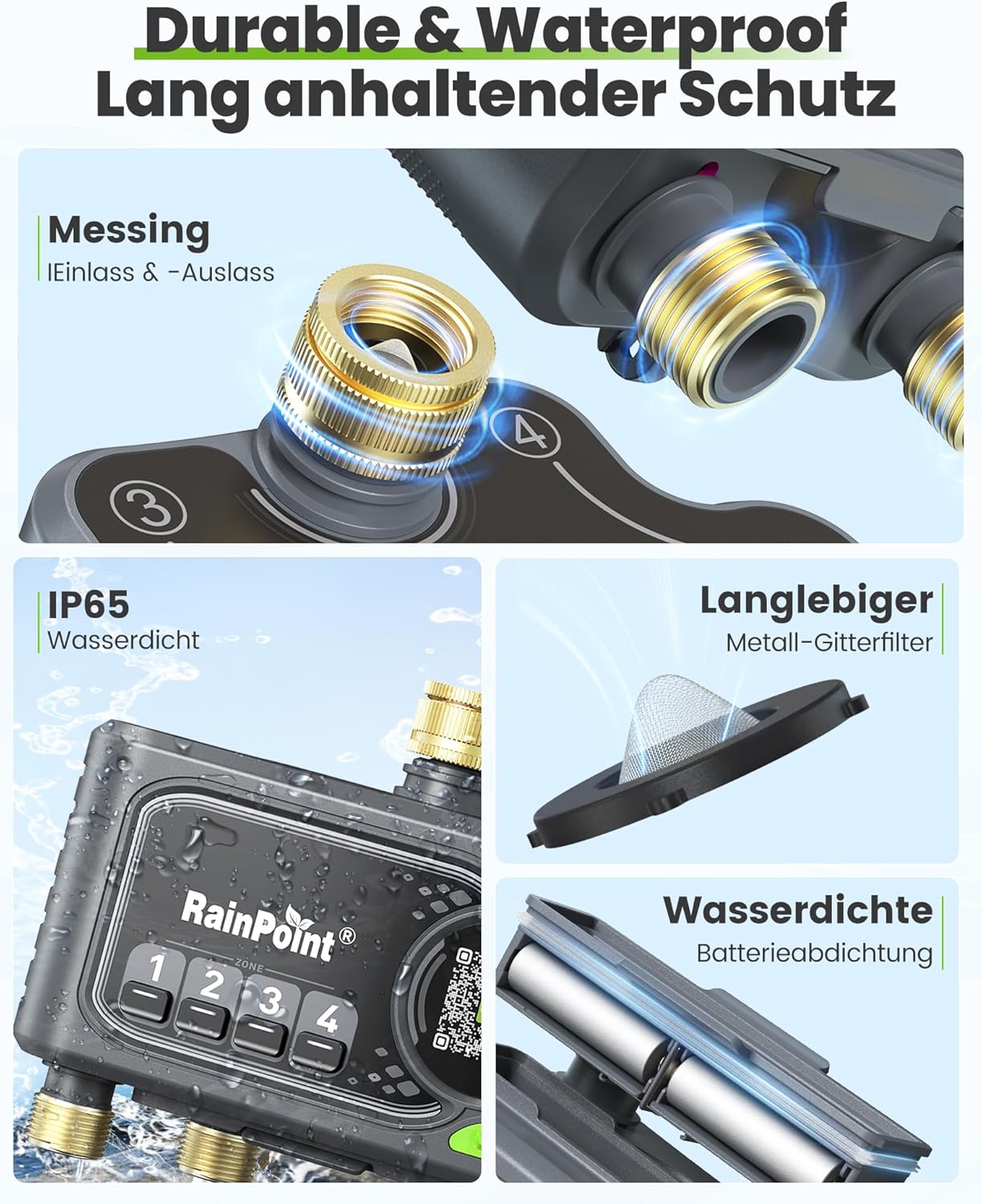 RAINPOINT Bewässerungscomputer WLAN mit 4 Ausgängen, Messing Ein- und Ausgang, Bewässerungsuhr 4 Zonen mit wetter- & bodenbasierter Steuerung, App- & Sprachsteuerung für Garten und Rasen