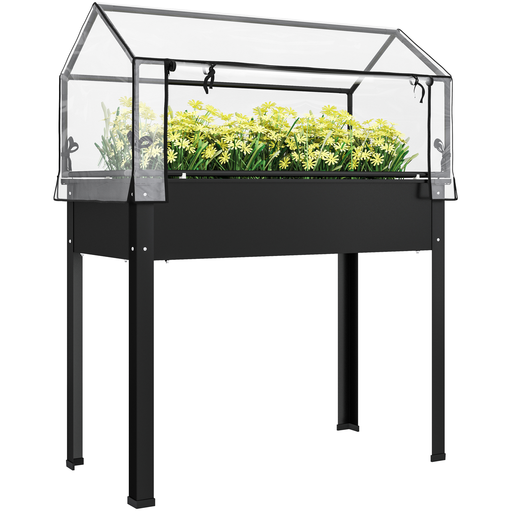 Verhoogde Tuinbak met Kasdak, Verhoogde Plantenbak met Afvoergaten, 100 x 48 x 124 cm, Zwart