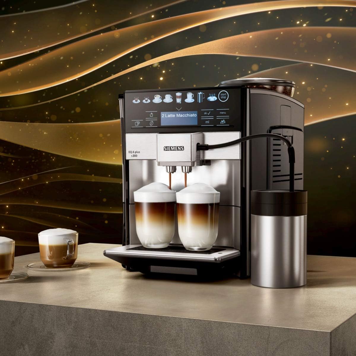 SIEMENS Kaffeevollautomat EQ6 plus s300 TE653501DE, für viele Kaffeespezialitäten, Milch-Aufschäumdüse, Keramikmahlwerk, Doppeltassenfunktion, Antikalk, automatische Dampfreinigung, 1500 W, silber