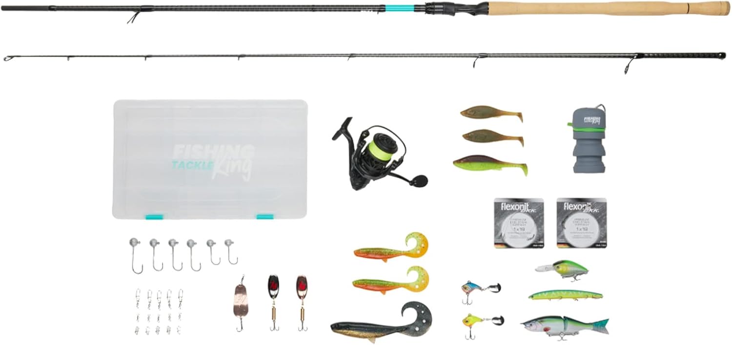 Fishing-King Tackle Zielfisch Hecht Angelset | Spinnrute 2,70 m und 40-120 g | Spinnrolle 4000 mit Schnur | Box, Köder und viel Zubehör