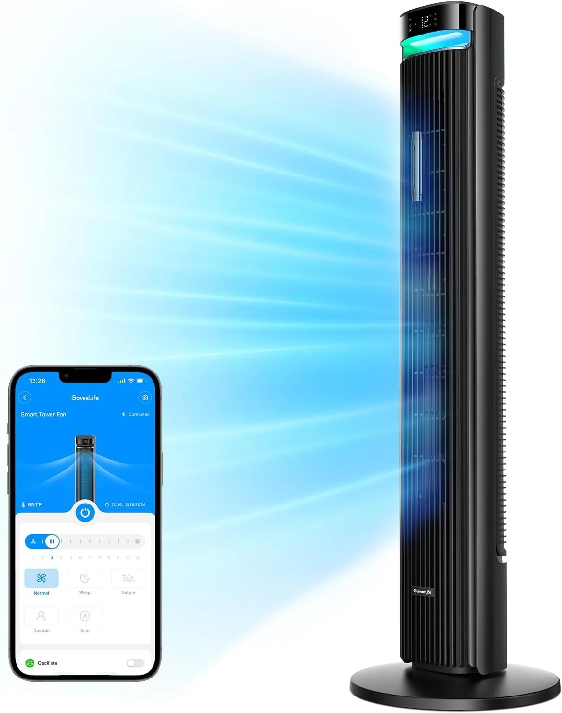 GoveeLife 42'' Tower Fan for Bedroom. Smart Floor Fans with 150掳 Adjustable Oscillating. APP & Voice Control. 5 Modes 12 Speeds up to 26ft/s. 24H Timer. 27dB Quiet Fan for Cooling Home Office Silver