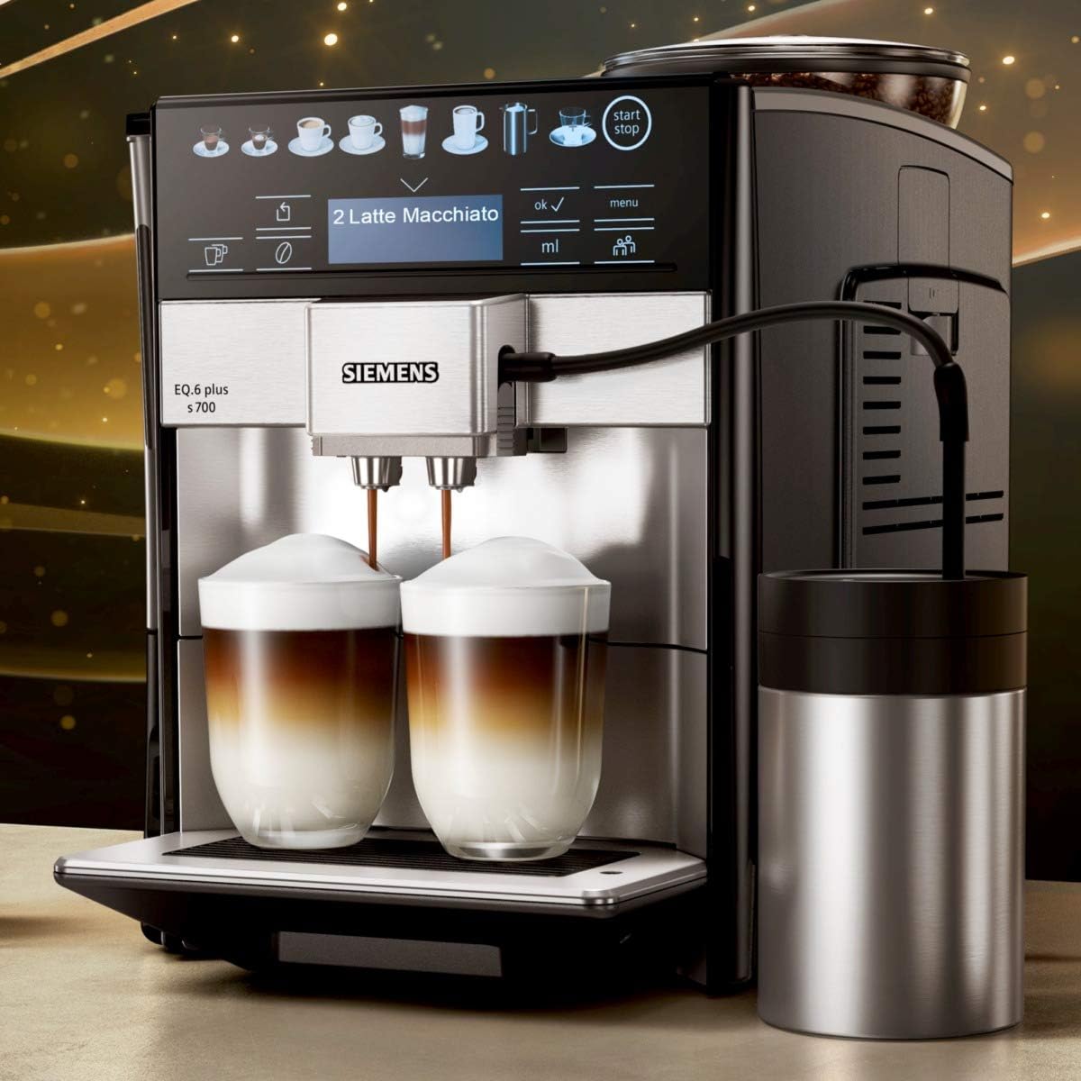 SIEMENS Kaffeevollautomat EQ6 plus s700 TE657503DE, für viele Kaffeespezialitäten, Milch-Aufschäumdüse, Keramikmahlwerk, Doppeltassenfunktion, Antikalk, automatische Dampfreinigung, 1500 W, edelstahl