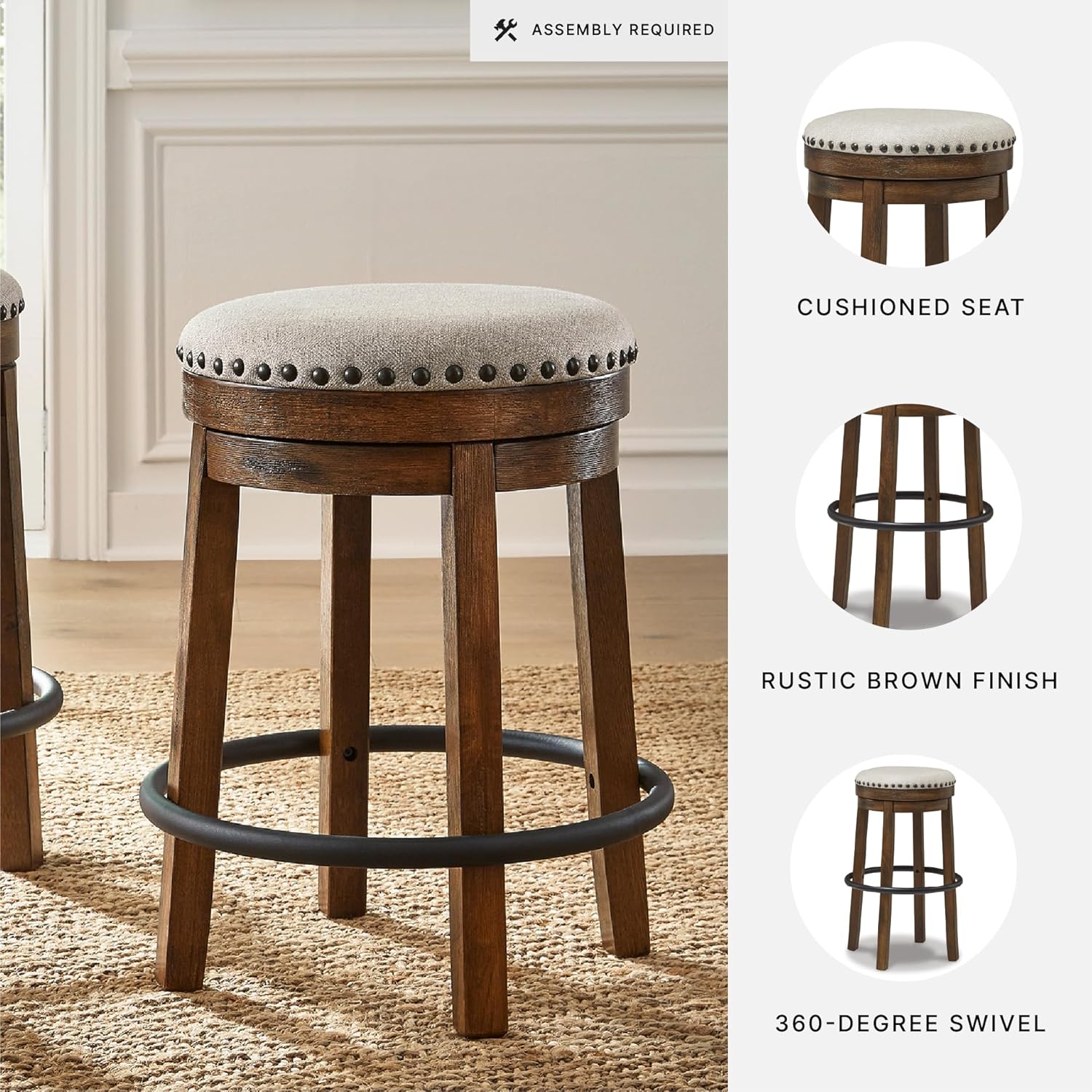 Signature Design by Ashley Valebeck Upholstered Swivel Stool, Cushioned Seat, Woven Fabric Upholstery, Wood, 24