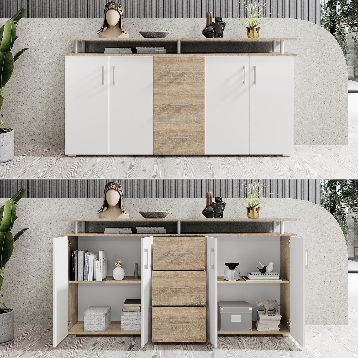 Stella Trading Highboard mit Ablage in Eiche Sonoma Optik, Weiß - Moderner Wohnzimmerschrank mit Schubladen und viel Stauraum für Ihren Wohnbereich - 178 x 90 x 38 cm (B/H/T)