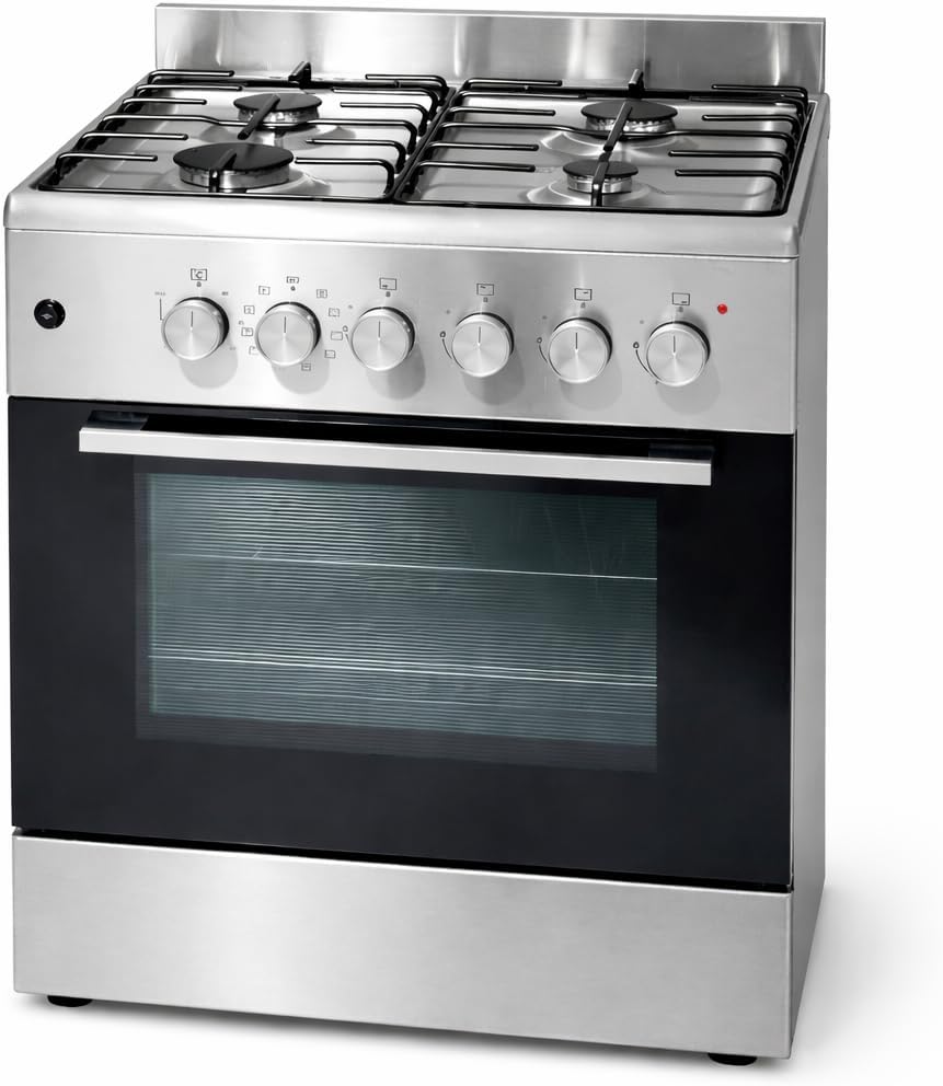Gasline SHGE6060INX Standherd 60 cm Edelstahl mit Elektrobackofen, 4-flammigem Gaskochfeld, Grill und Drehspieß, elektrischer Zündung, Thermosicherung, für Erdgas und Flüssiggas geeignet