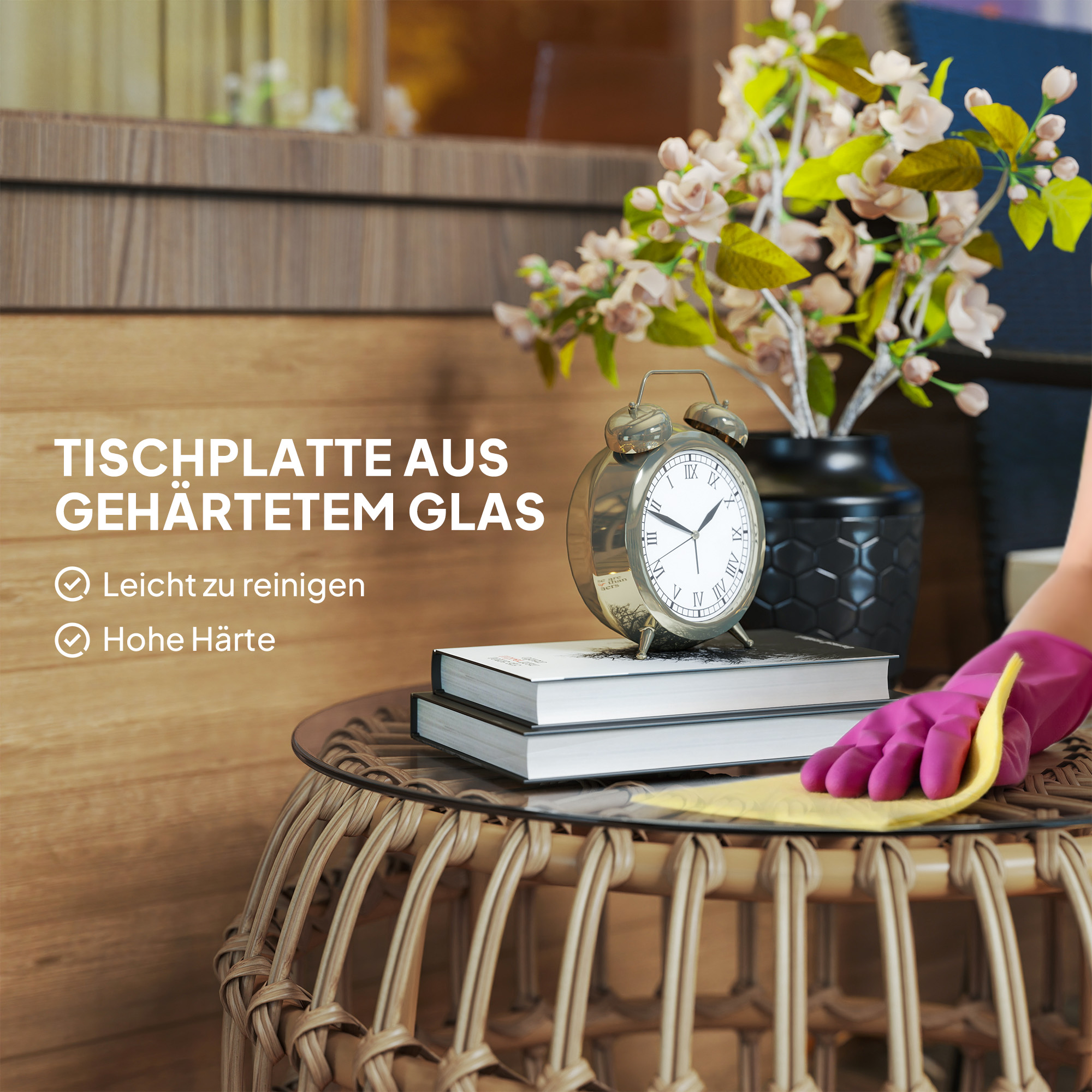 Outsunny 2-delige Set Bijzettafels Polyrattan ?66/42 cm Rond Weerbestendig met Glazen Blad - Bruin