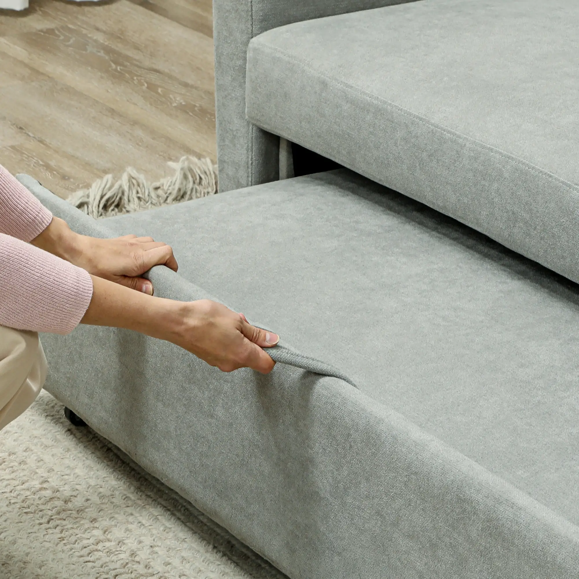 HOMCOM Schlafsofa 2-Sitzer mit Schlaffunktion und Rollen Eukalyptusholz
