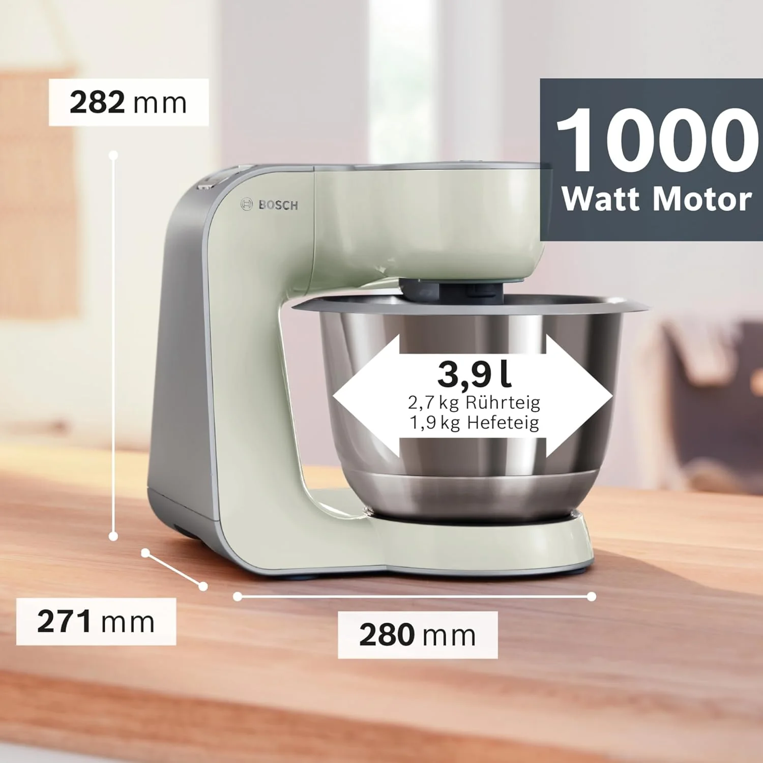 Bosch Keukenmachine Serie 4 MUM58720, roestvrijstalen kom 3,9 L, mixer 1,25 L, planetair roersysteem, kneedhaak, garde, roerstaaf, continue snijder, 3 schijven, 1000 W, donkerrood/zilver