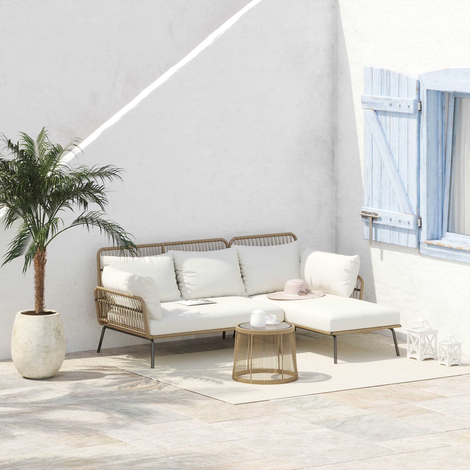 Outsunny Buitenbank L-vormige Rattan Bank Zwembad Tuin Koffie En Cr��me
