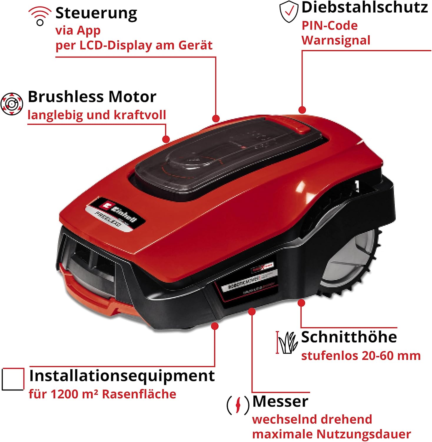 Einhell Mähroboter FREELEXO 1200 LCD BT Power X-Change (Li-Ion, 18 V, Multizonenmäher, Bluetooth App, 18 cm Schnittbreite, inkl. 5,2 Ah Akku, 4 Klemmen, Garage)