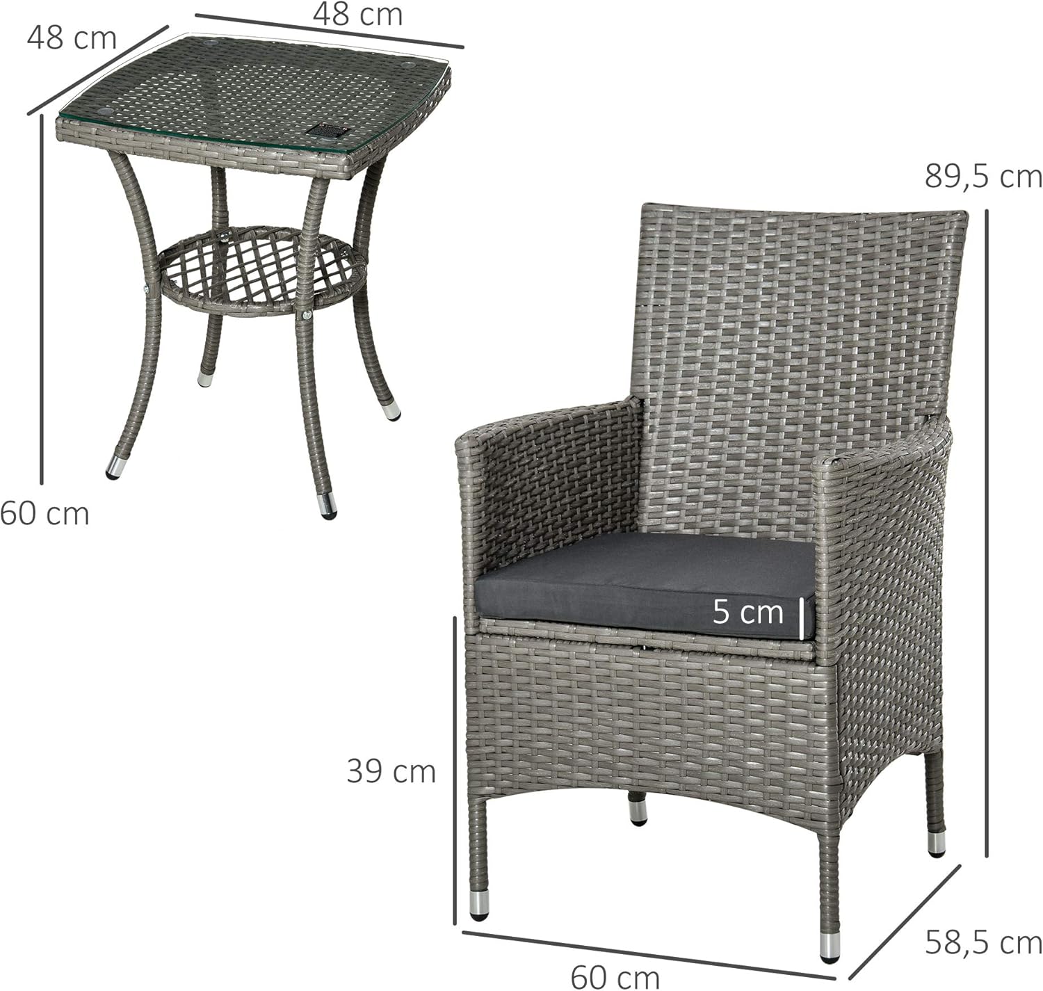 Outsunny Polyrattan Gartenmöbel Set, Outdoor Lounge Balkonmöbel für 2 Personen, 3-teilig Sitzgruppe, 2 Stühle, Tisch Sitzkissen, Gartenlounge für Garten, Terrasse, Balkon, Grau