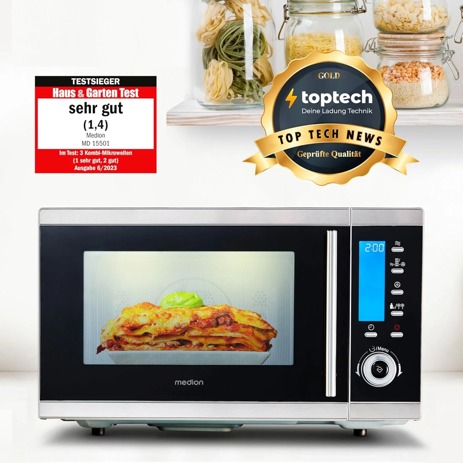 MEDION MD 15501 4 in 1 Mikrowelle mit Grill (25 Liter, 900 Watt, 1100 Watt Grill, 2500 Watt Hei?luft, 10 Automatik-Programme) silber