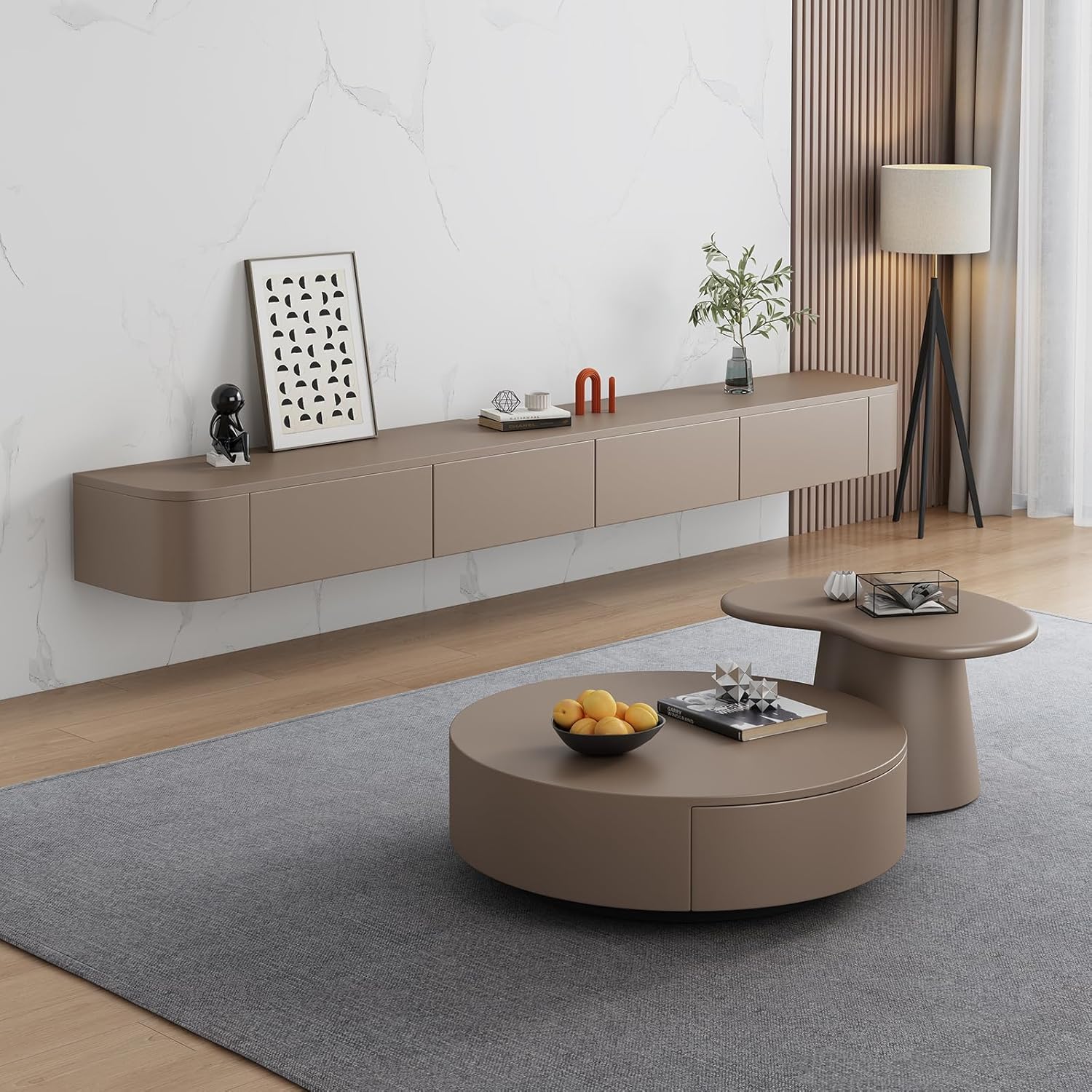 Schwebender TV-Ständer, Wandmontierte TV-Regale Mit Tür, TV-Medienkonsole, Schwebender TV-Schrank, Große TV-Bank Mit Stauraum Unter Dem Fernseher(Khaki,300CM/118.1