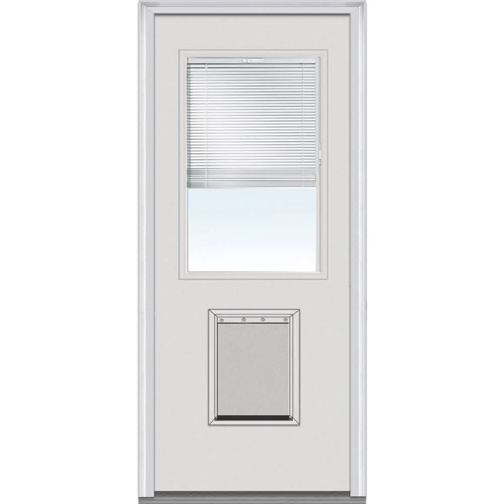National Door Company Steel Exterior Door, Primed, 1/2 Lite with Clear Glass Internal Blinds & Pet Door, Right Hand Inswing, 32?��??x80?��??