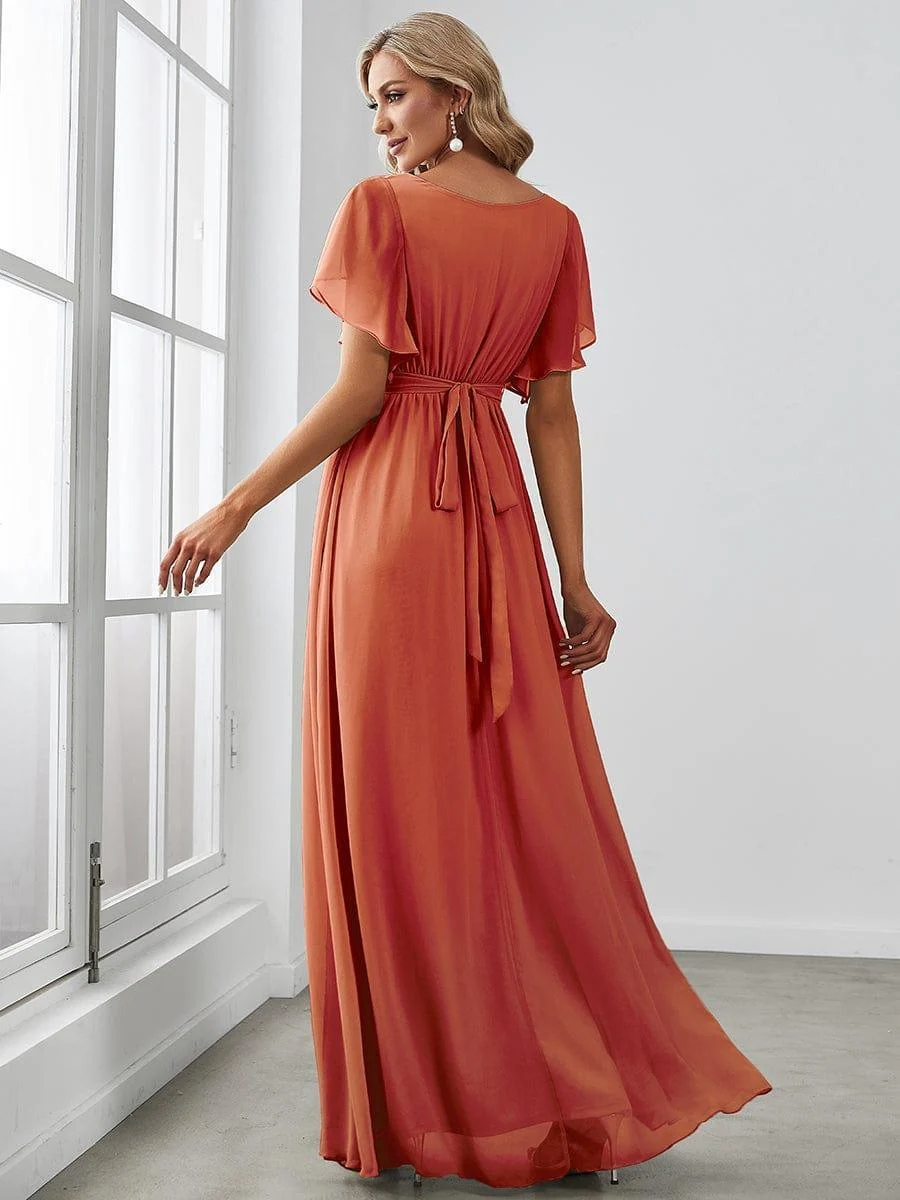 Abendkleid Damen Maxi A-Linie aus Chiffon | Festliches Kleid f��r Hochzeitsg?ste mit V-Ausschnitt und Fl��gel?rmeln