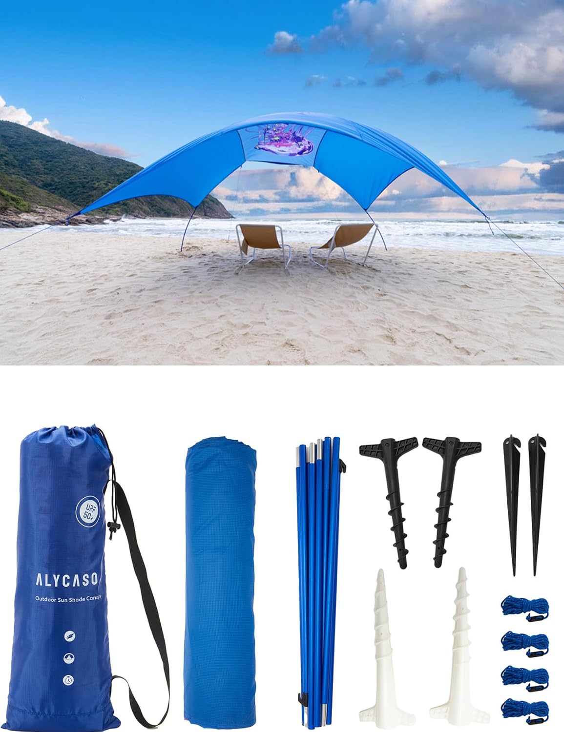 Strand-Sonnendach, Zelt, Unterschlupf, Winddach für Strand, Hinterhof, Park, Dessert, geringes Gewicht, einfacher Aufbau, 150 m², Schatten für 3-6 Personen, Regatta-Mantastrahlen-Streifen