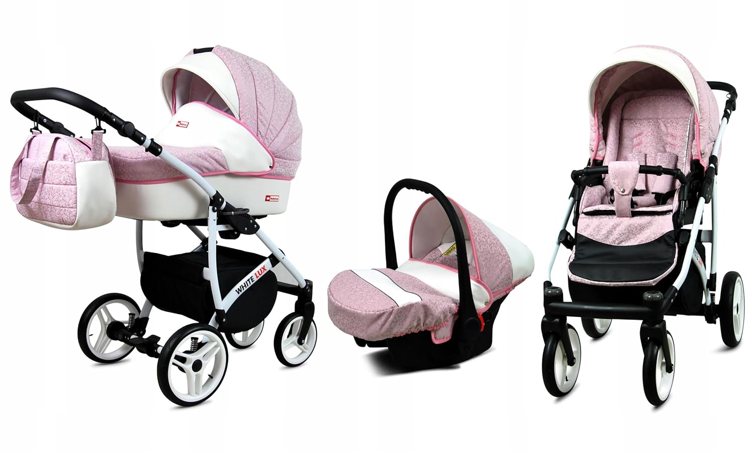 BabyLux® Bambimo Kinderwagen Set 3 in 1 - White Lux - incl. Babywanne, Buggy Sportsitz, Auto-Babyschale - Autositz - Kinderwagenset - Kombikinderwagen mit Wickeltasche, Regenschutz usw.