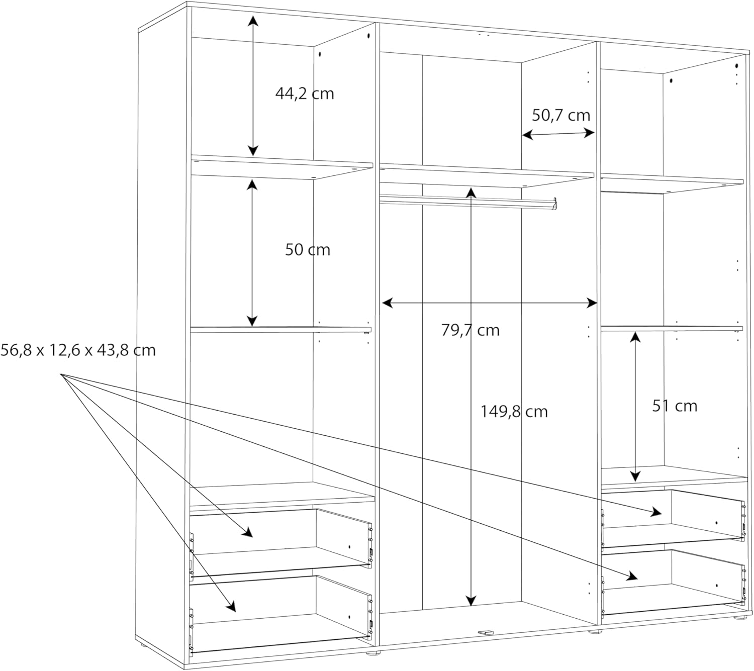 FORTE Jupiter Schrank 200 210, Kleiderschrank, Drehtürenschrank, 4-türig, mit 4 Schubladen und Einlegeböden, Schwarz mit Holz Dekor: Catania Eiche, 206 cm breit x 53 cm tief x 200 cm hoch